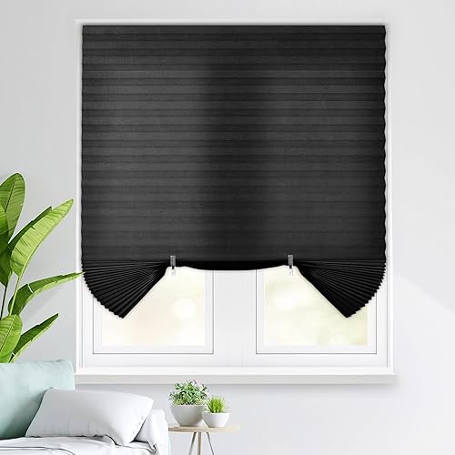 Allesin Persianas plisadas para ventanas, sin cordón, con filtro de luz, paquete de 6 persianas temporales para ventanas, color negro, 48 x 72