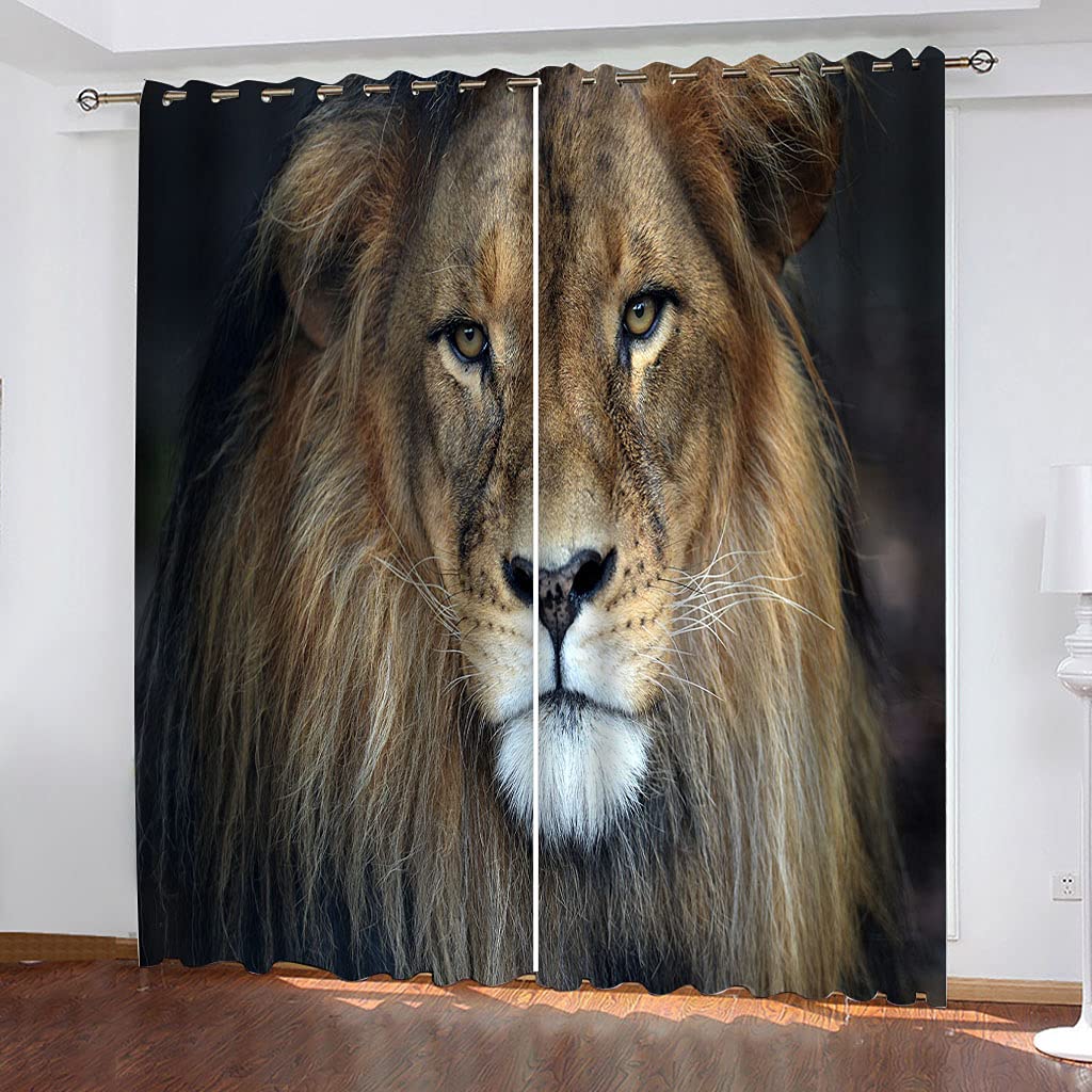 Maynuo Bedroom Blackout Curtains 3D Super Soft Kids Simple Animal Lion Curtain For Living Room 104X94inch 2Pcs Top Eyelet Room Darkning Blackout