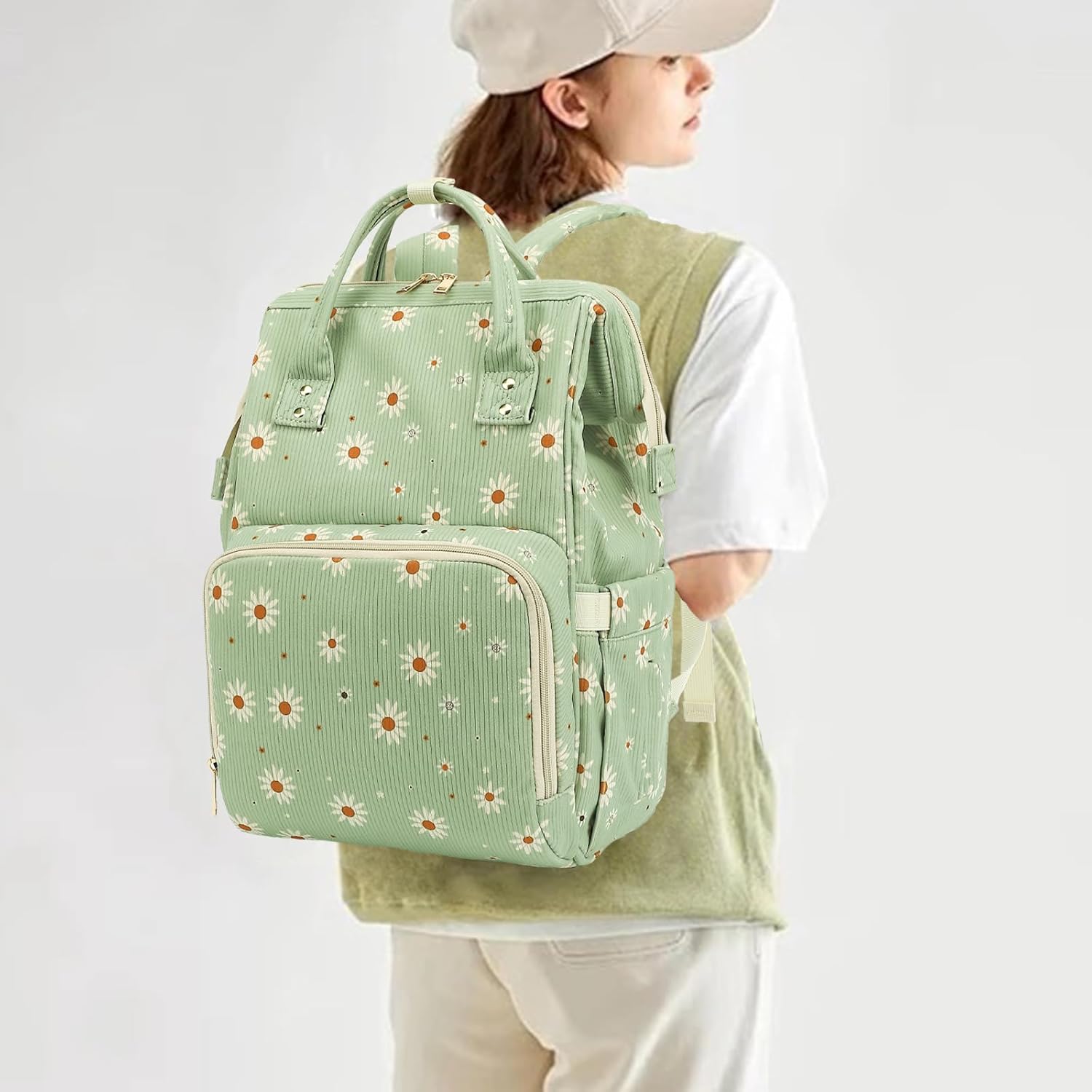 Corduroy Diaper Bag Backpack for Baby Girls Boys, Women Large Nappy Bags for Mom (Green Corduroy Daisy)