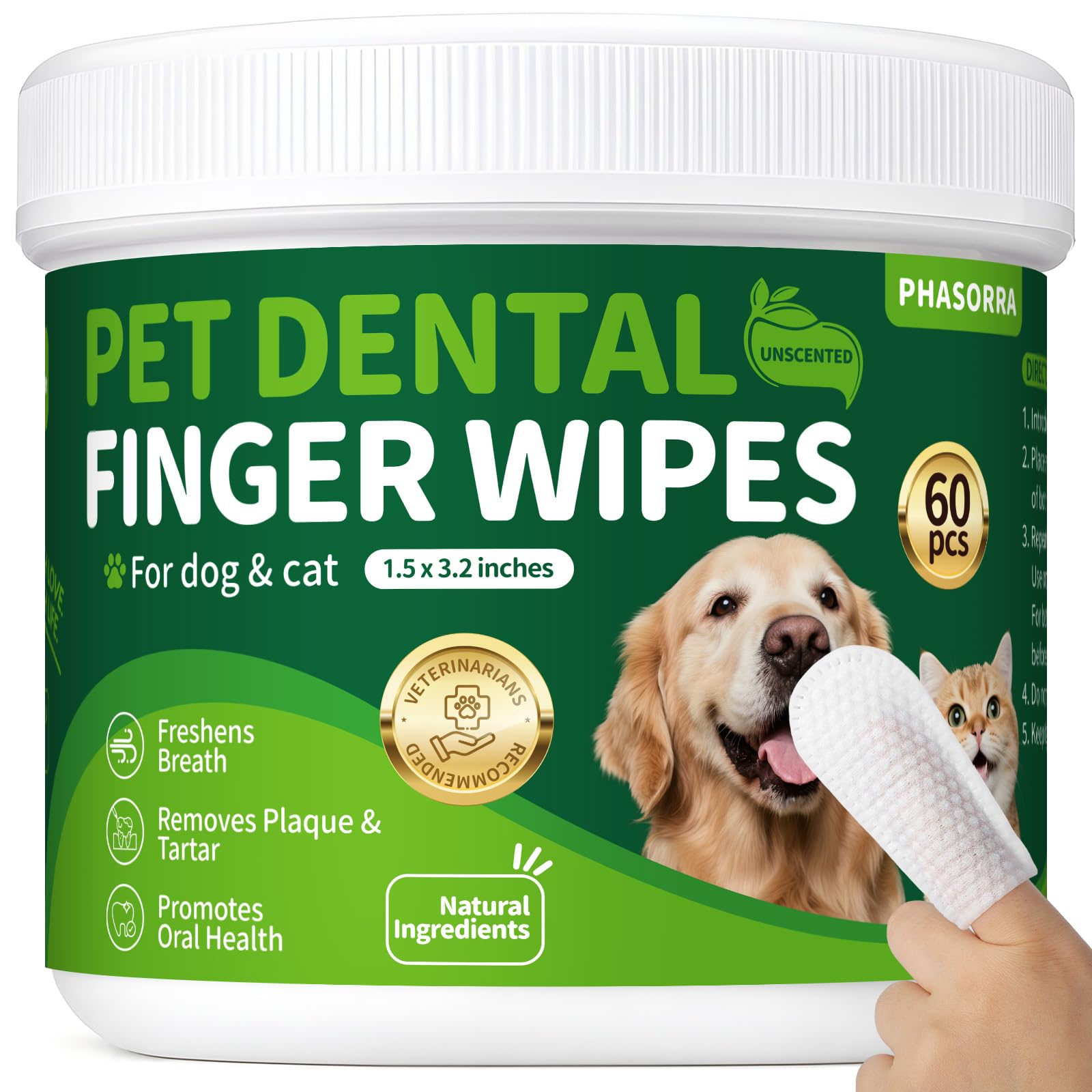 Dog Dental Care Wipes - 60Ct Tooth Brushing kit, Heavy Duty Teeth Cleaning for Dogs & Cats, Remove Tartar & Plaque, Dog Breath Freshener, Dog Toothbrush & Toothpaste Alternatives