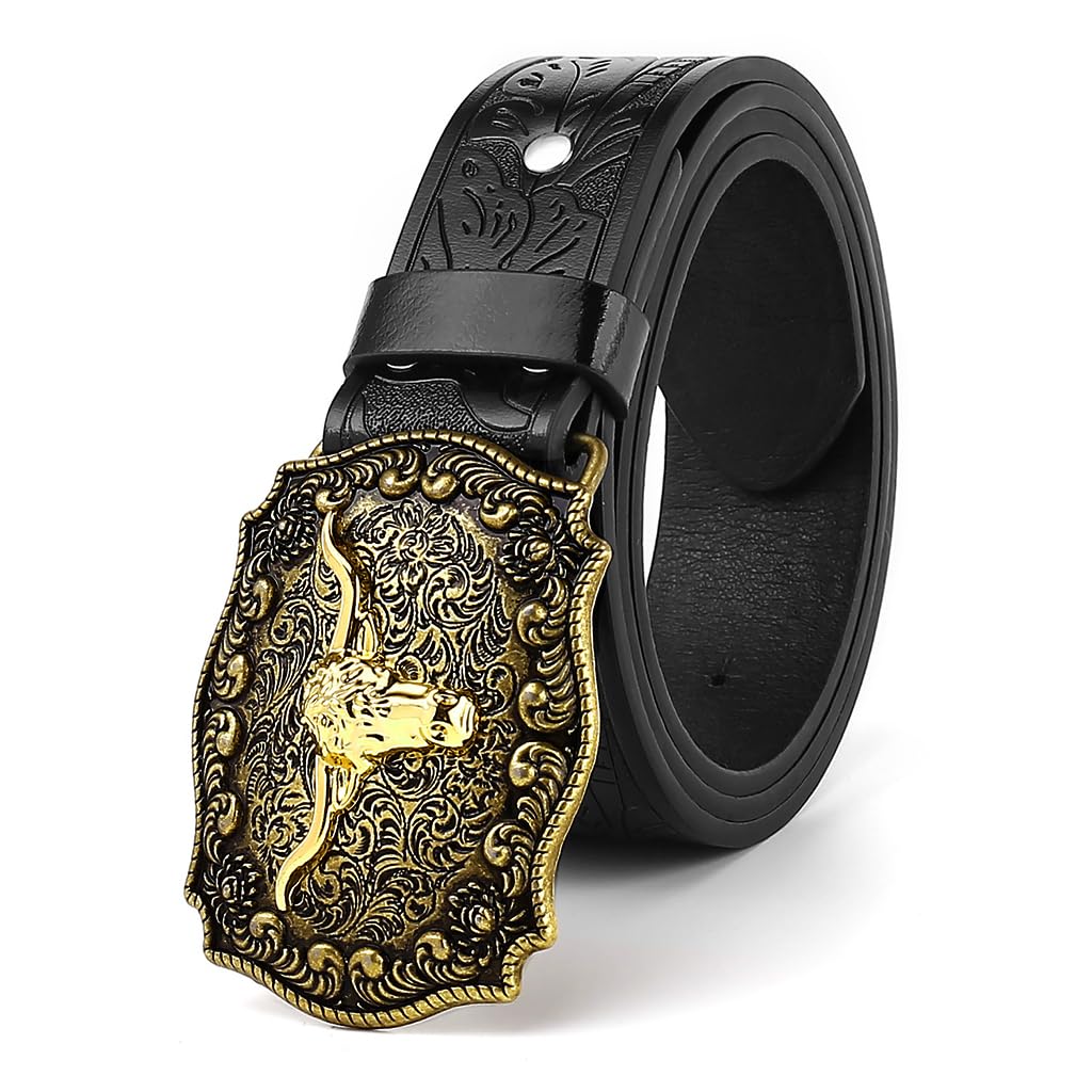 Belts for Men Western Cowboy PU Leather Men Belt Waist Strap Bull Decoration Floral Engraved for Jeans 120cm/47in