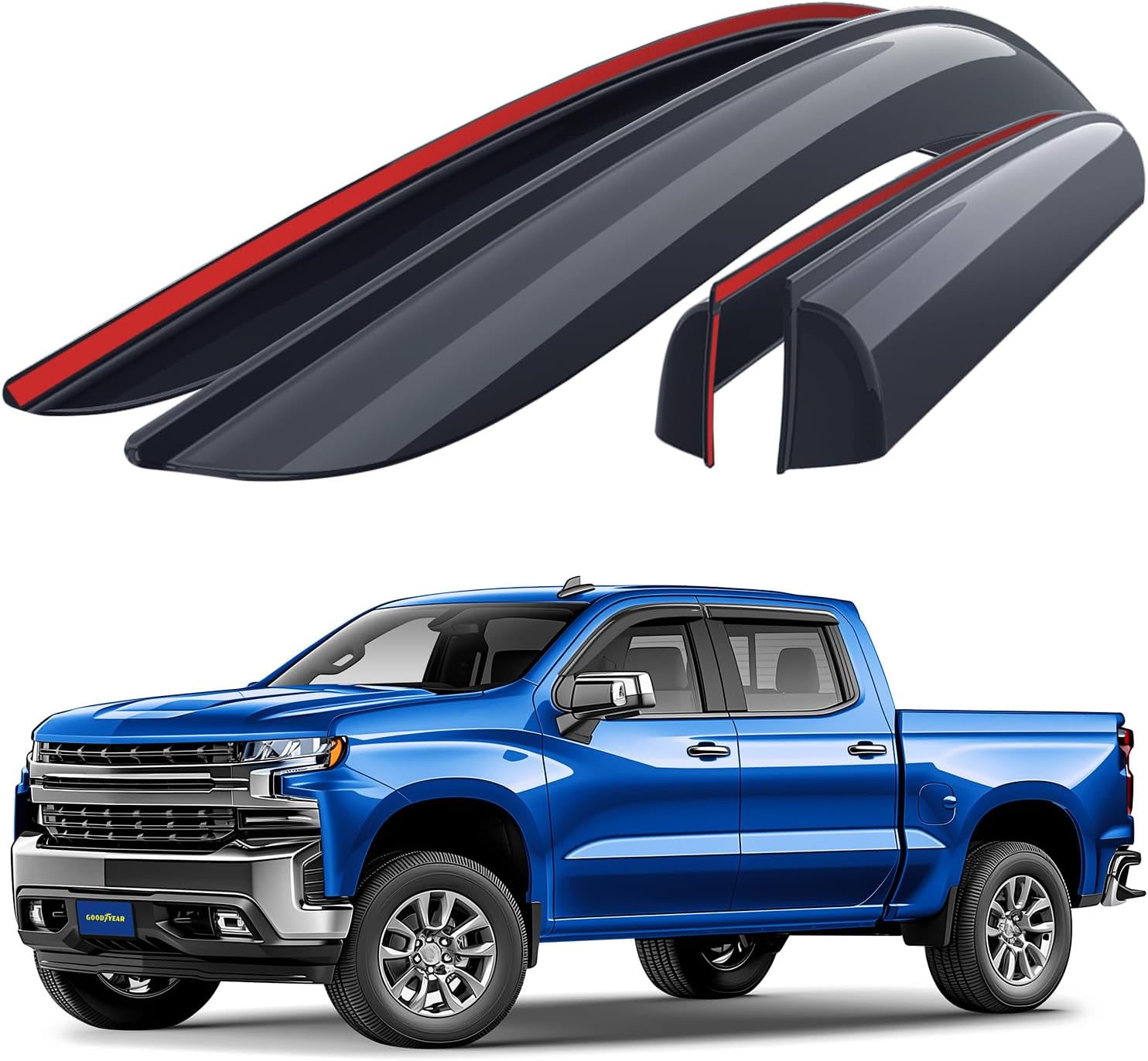 Goodyear Shatterproof Window Deflectors for Chevy Silverado & GMC Sierra 1500/2500/3500 Crew Cab 2019-2026 - Tape-On Rain Guards, 4pcs GY003181LP