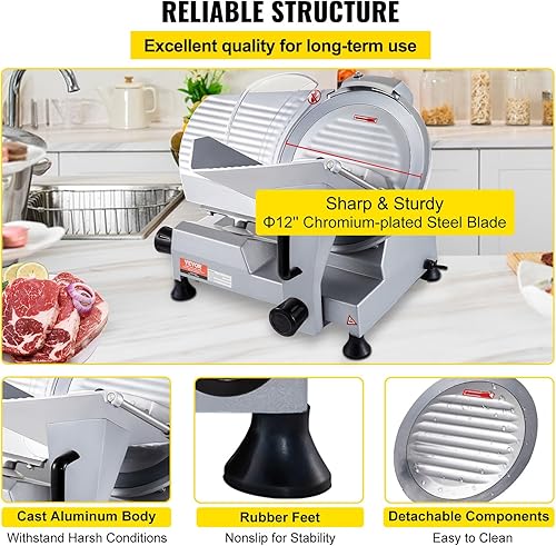 Miniatura 5 de VEVOR Rebanadora de carne comercial, cortador eléctrico de alimentos delicatessen de 320 W, hoja de acero al carbono de 12 pulgadas, rebanadora de