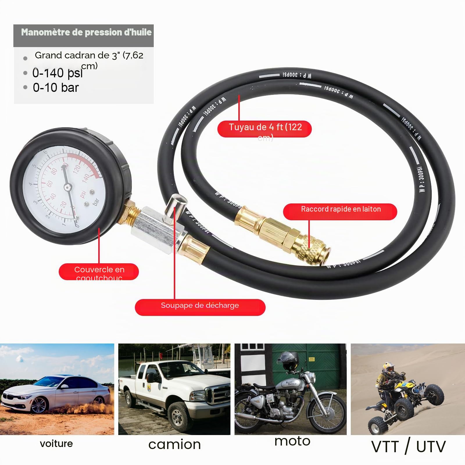 FreeTec Testeur de Pression d'Huile, 140 psi 10 Bar Manometre Pression Huile Moteur, Universel Kit Outil Test Controleur Mano Pressions Huiles avec Adaptateurs pour Voiture Camion Tracteur (Rouge)