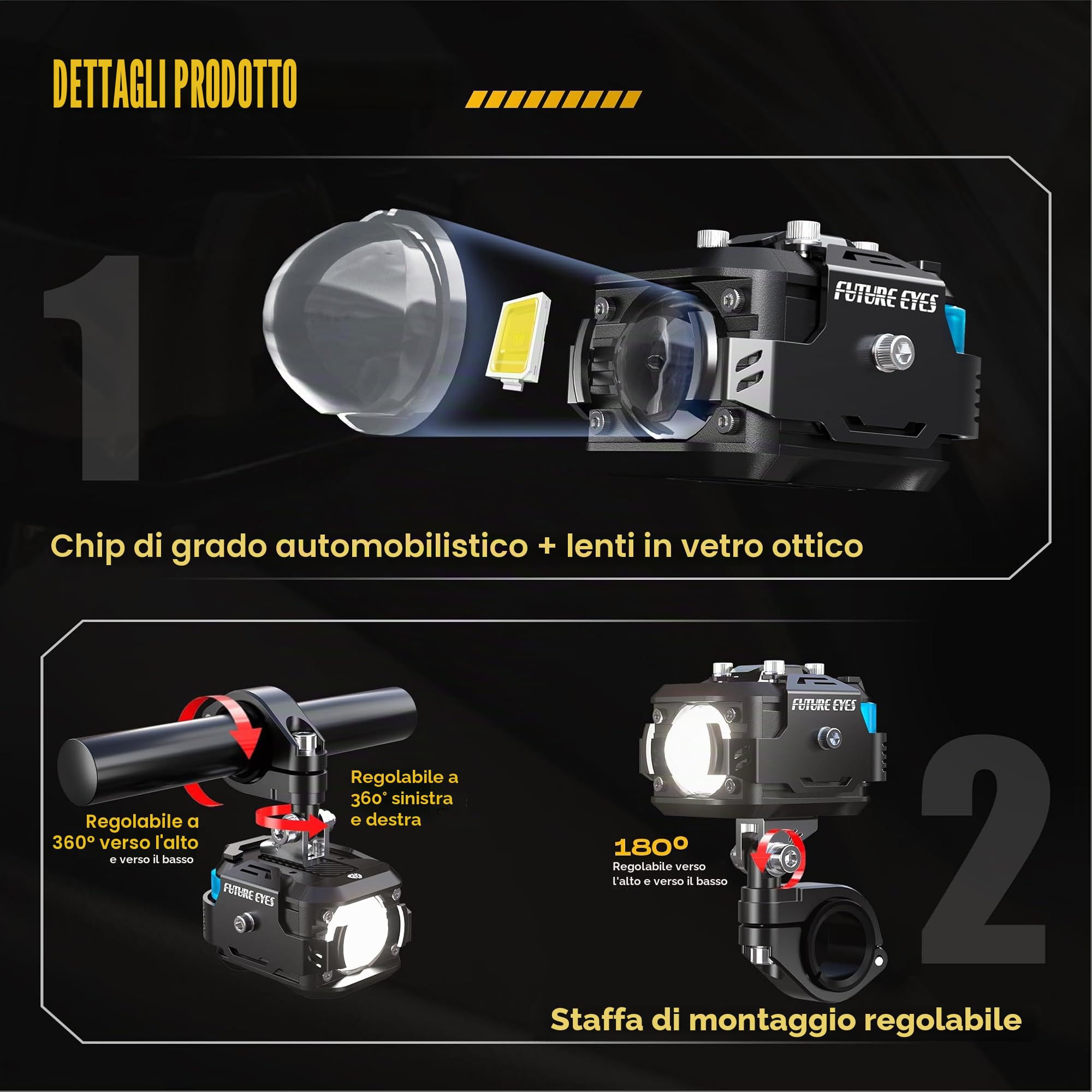 Future Eyes Fari Supplementari Moto 6000LM 60W, Future Eyes Luci LED Omologate ECE E-Mark E57, Fari Antinebbia IP67, Fari Aggiuntivi per Moto, Luci LED Potenti Antiabbagliamento 360°