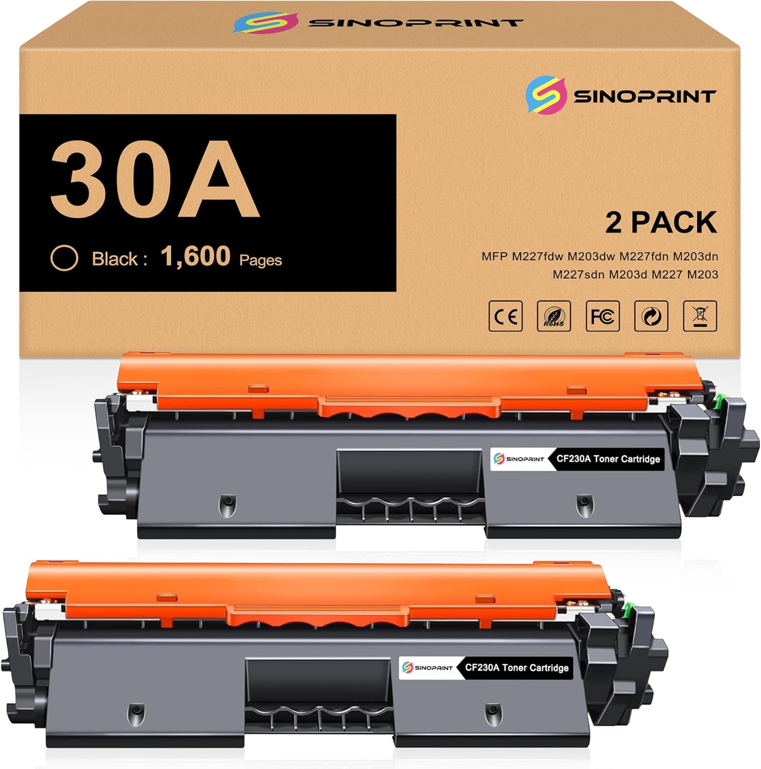 CF230A 30A Black MFP M227fdw Toner Cartridge Compatible Replacement for HP 30X CF230X for HP Pro M203dw MFP M227fdw M227fdn M203dn M227sdn M203d M227 M203 Series Printer Ink (2 Packs Black)