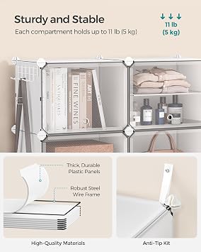 SONGMICS Interlocking Shoe Rack, Plastic Shoe Storage Cabinet, 4-Slot Modular Storage Organiser Unit, 30 x 40 x 30 cm for Each Slot, with Doors, Steel Frame, Plastic Panels, White LPC032W01