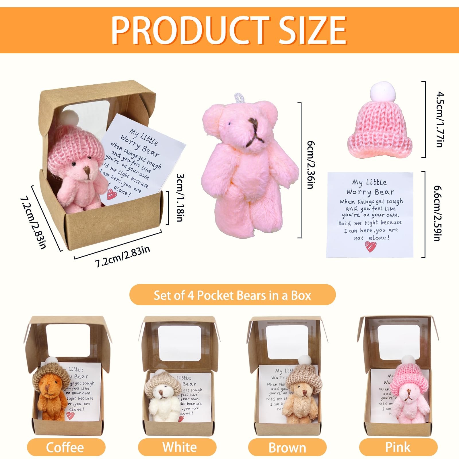Sythrix 4 Pcs Worry Bear in a Box, Little Pocket Bear Hug with Inspirational Card, Mini Plush Teddy Bear - Image 2
