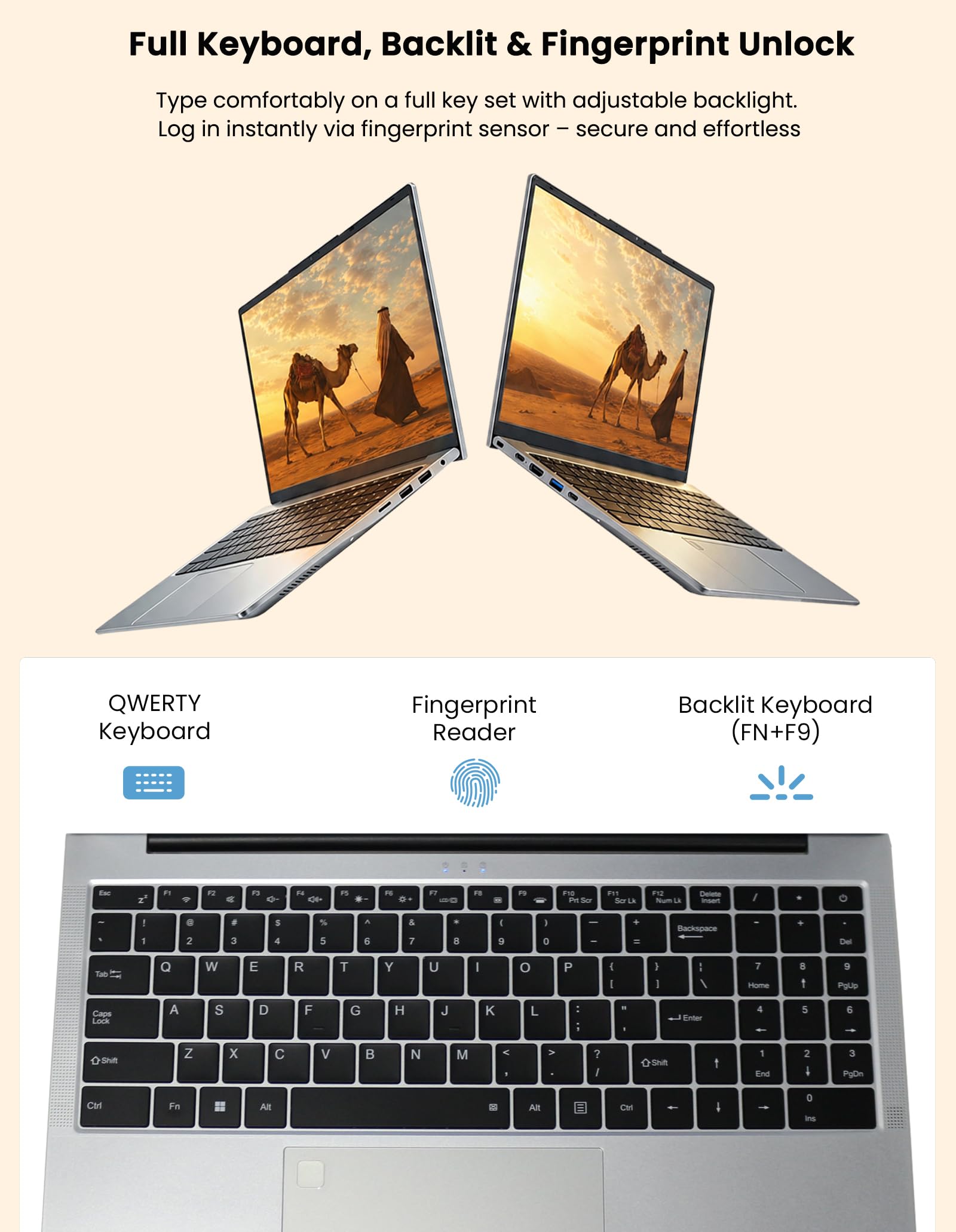 2026 15,6 Zoll Laptop, AMD Ryzen 3 3250C (bis zu 3,5 GHz), 16 GB Dual-Channel DDR4, 512 GB SSD, Win 11 Notebook mit Fingerabdrucksensor, beleuchtete Tastatur, Wi-Fi 6, Full-Function Typ-C