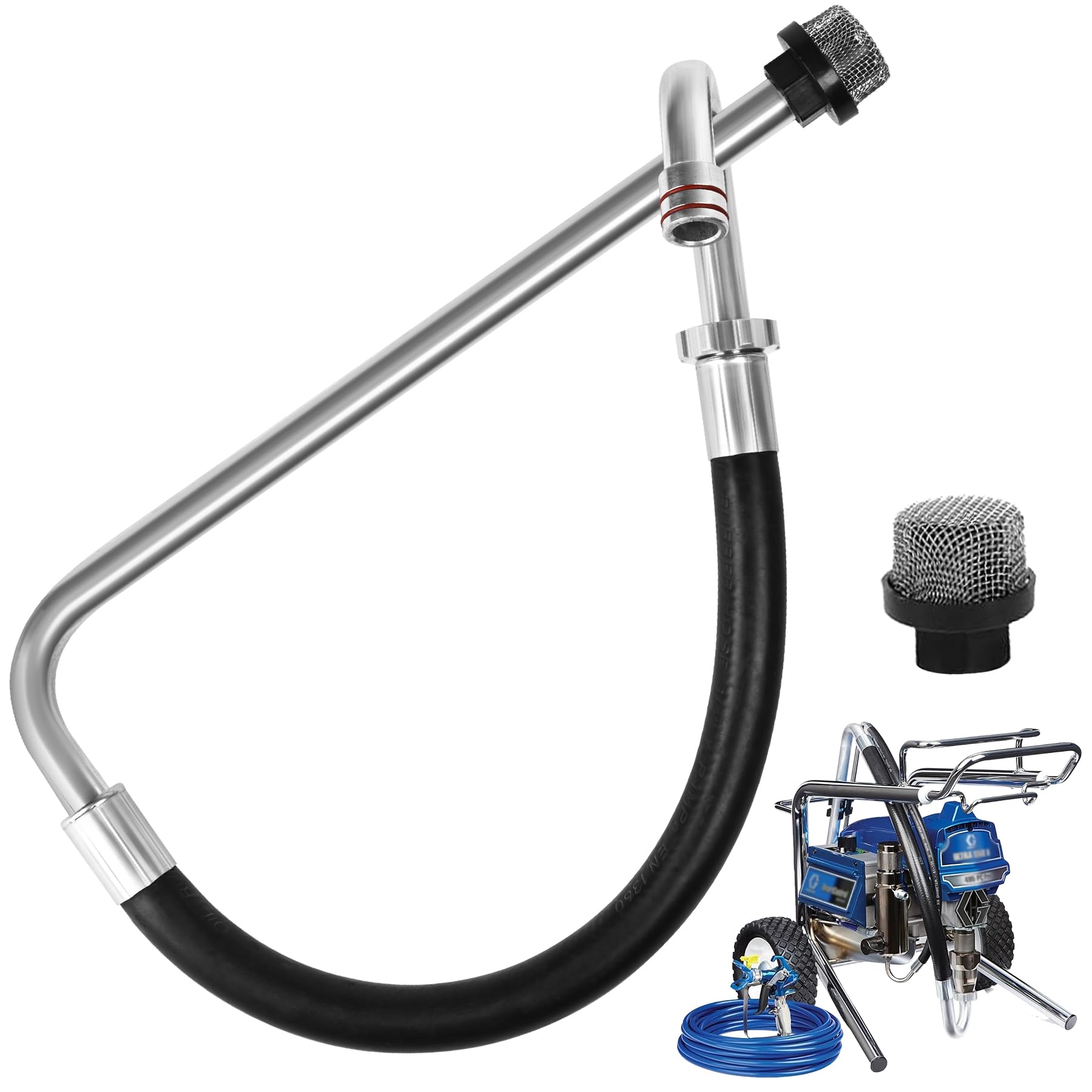 Manguera de succión de acero inoxidable, 1 filtro de acero inoxidable, compatible con Graco 390 395 490 495 595 Tongshan T300 500 máquina de pulverización sin aire/pintura de línea, accesorios de