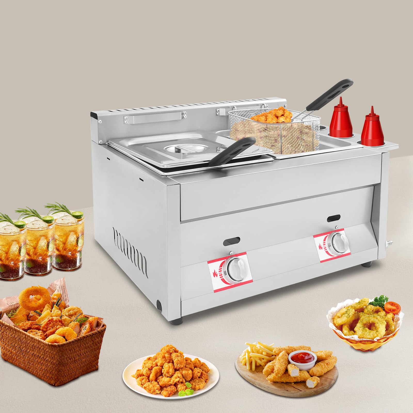 Friteuse à gaz commerciale, double friteuse à gaz, 6 l + 6 l, avec panier à friture et couvercle, température réglable, chauffage rapide pour usage commercial, maison, restaurant, restaurant