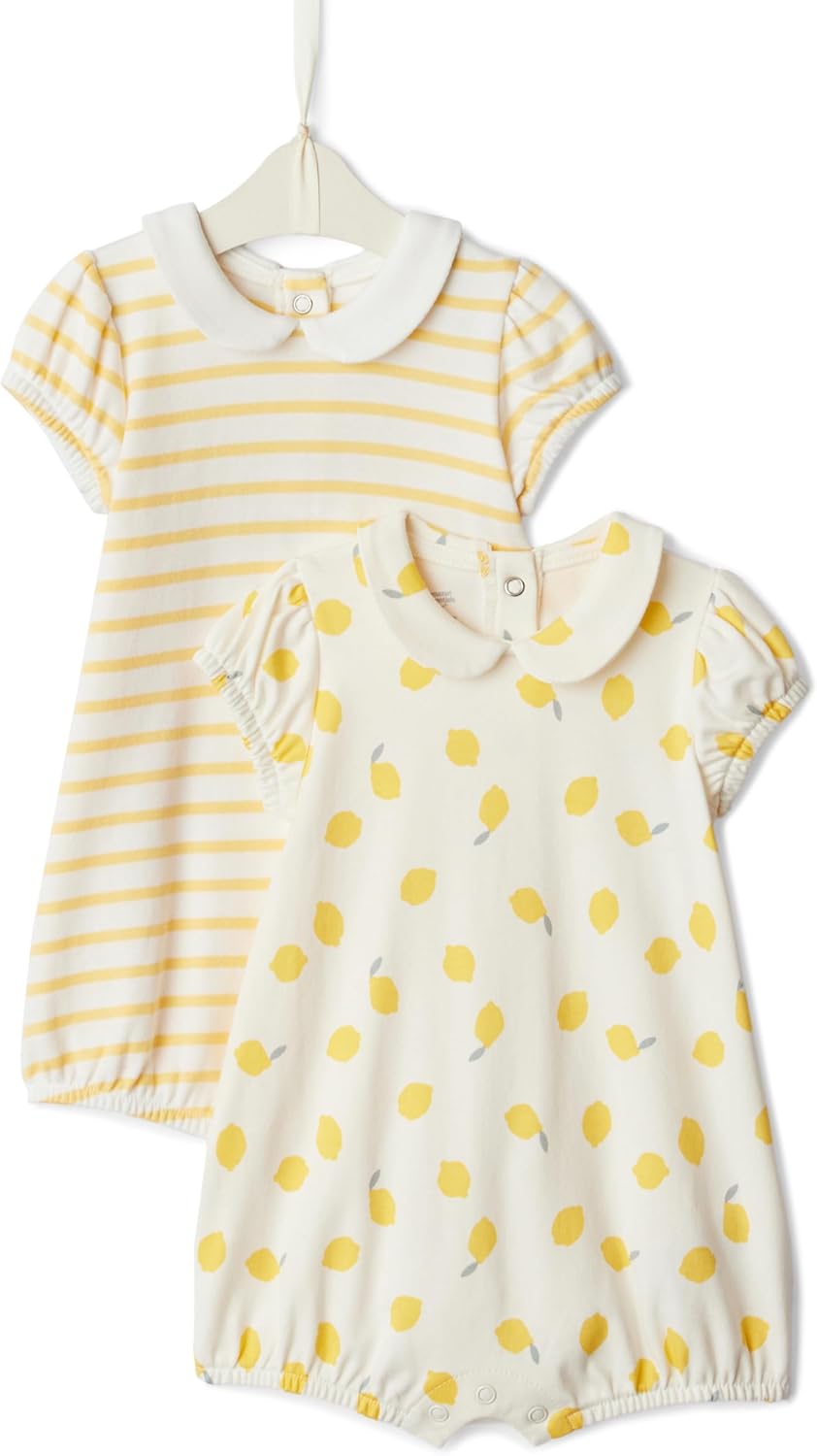 Amazon Essentials x Sofia Grainge Baby Girls' Cotton Short Sleeve Romper with Peter Pan Collar