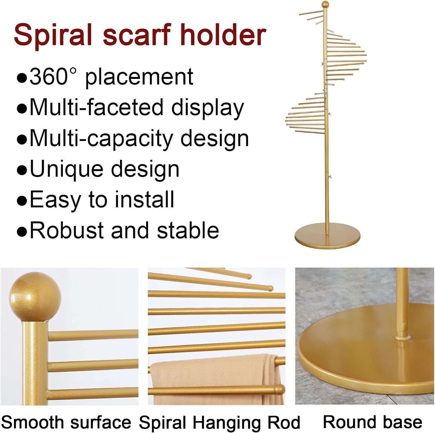 Spiral Scarf Rack, Floor Standing Scarf Shelf, Freestanding Spiral Scarf Hanger Organizer Holder,for Bedrooms, Clothing Shops,Gold