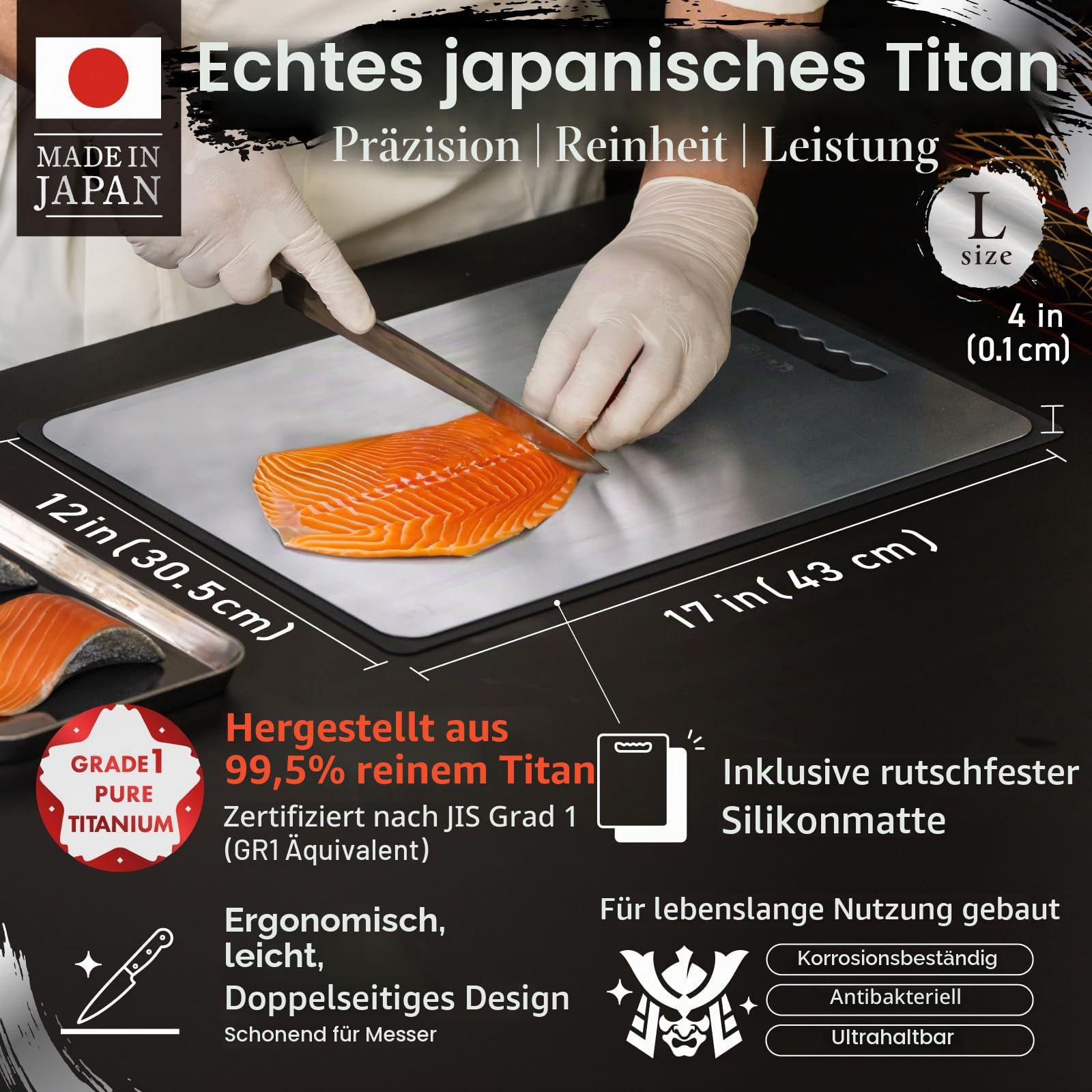 HIBINO Titan-Schneidebrett, 99,5% reines japanisches Titan, ungiftig, leicht und spülmaschinenfest, Größe L, hergestellt in Japan, mit rutschfester Matte, für Küche & Camping