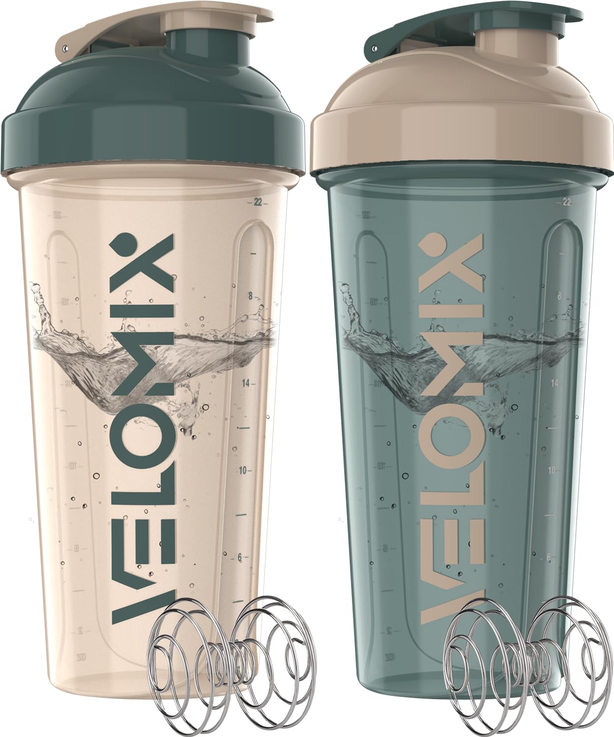 VELOMIX 2 Pack 28oz Protein Shaker Bottle for Protein Mixes, Blue/Beige | 2x Wire Whisk, Leak Proof Shaker Cups for Protein Shakes, Stackable, Dishwasher safe, BPA free, Pre Workout and Fitness ready A7) Blue / Beige
