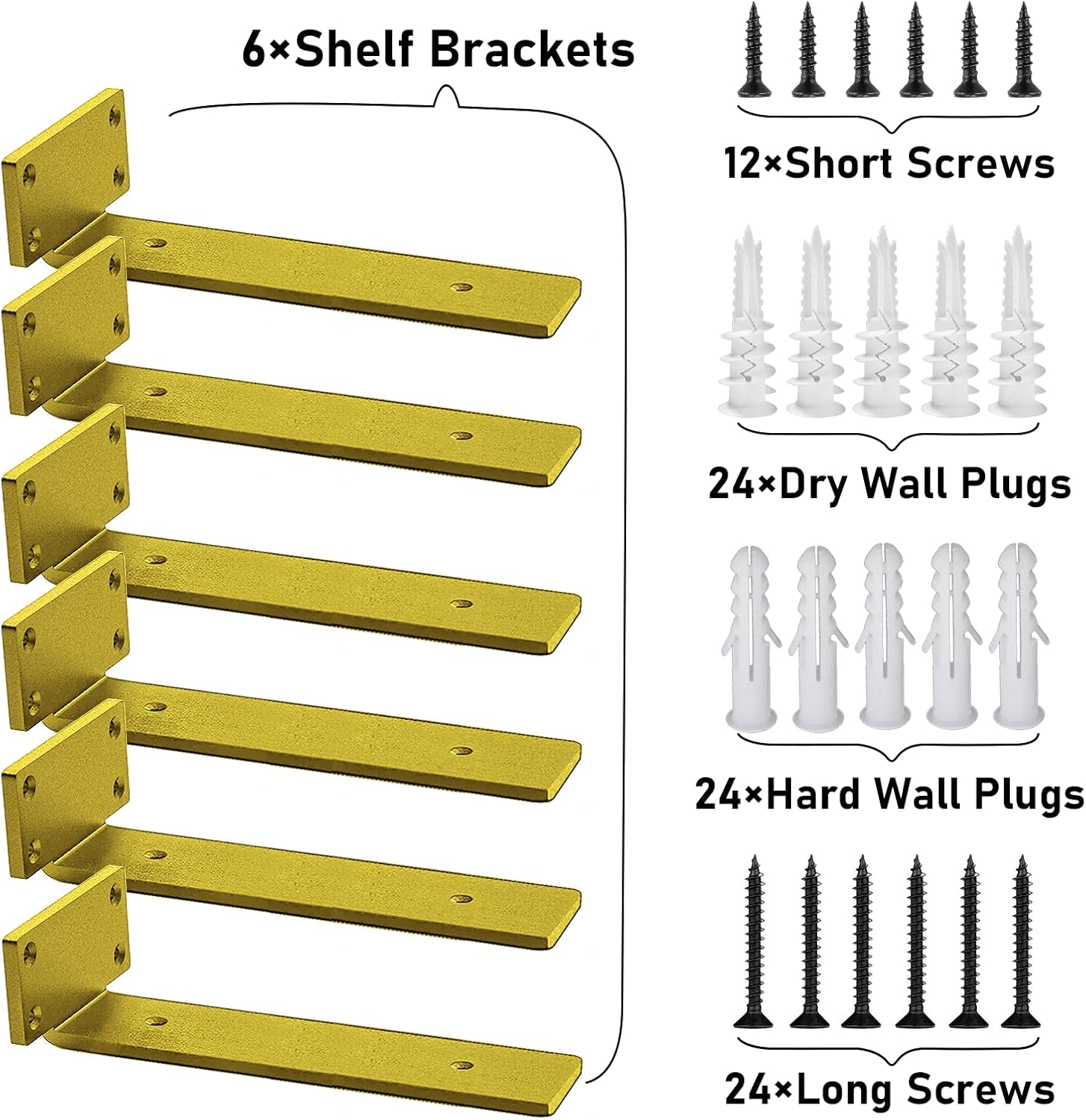 YMDparts Heavy Duty Shelf Brackets, 5mm Thick Rustic Gold Shelf Brackets for Custom Wood Shelves, 12 Inch Solid Steel Wall Mount Brackets with Hardware Needed (6Pcs)