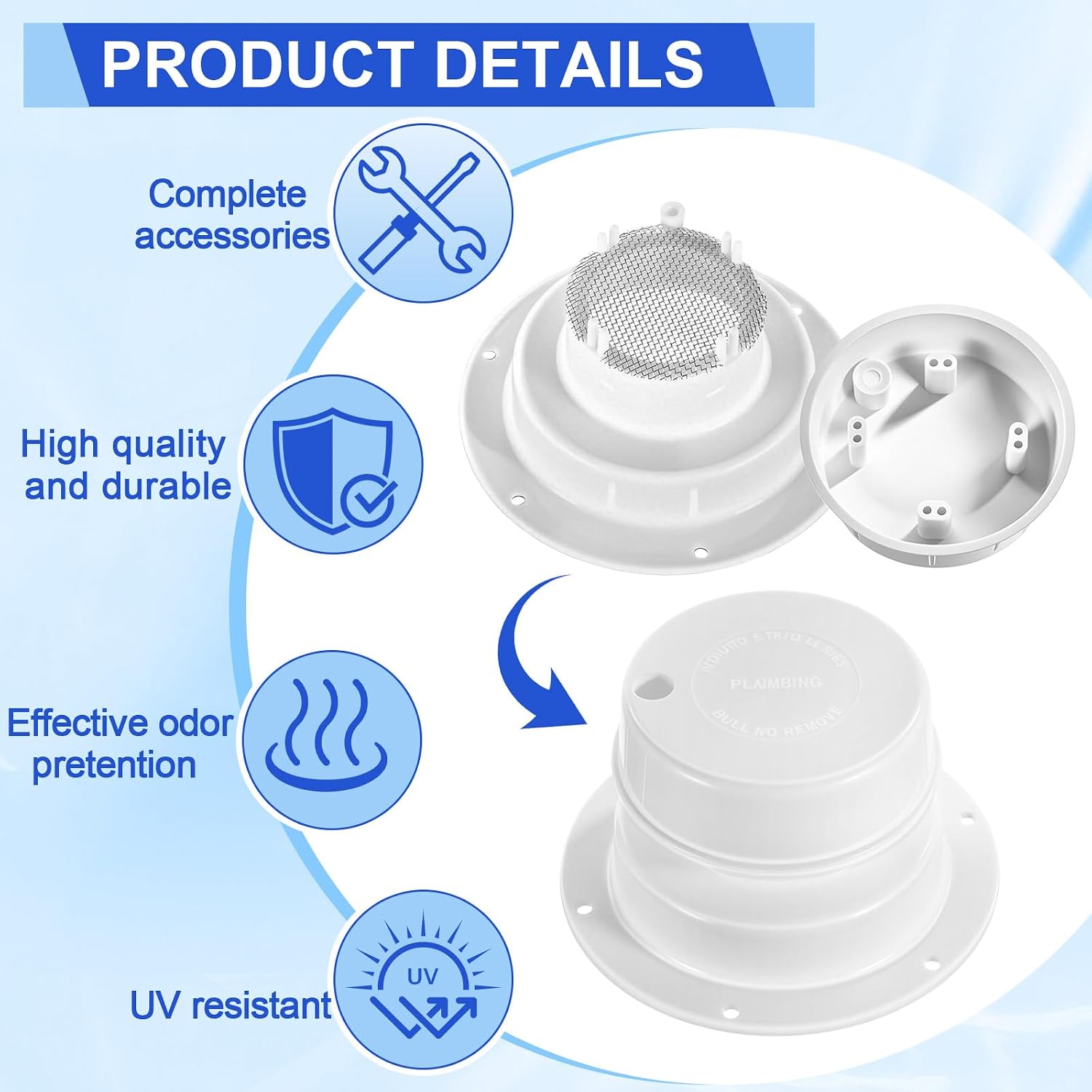 Colingmill 4 Pack Rv Roof Vent Cover Kits Rv Plumbing Camper Vent Caps with Screen Putty Tape and Screws for Trailer Motorhome Cap Replacement for 1 to 2 3/8 Pipe(White)