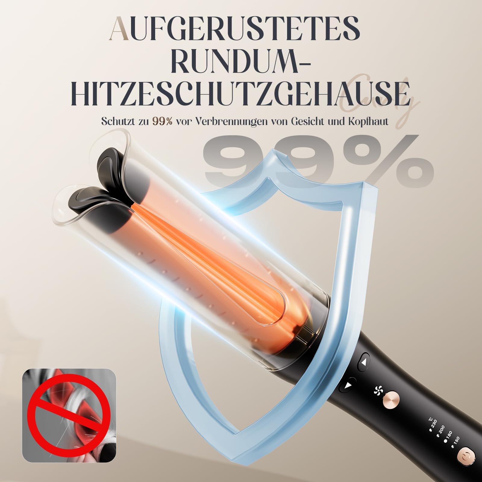 Kaltluft Lockenstab Automatisch – 32mm Beach Waves Curler, 4 Temperaturstufen (150–230°C), Anti-Verbrennungs, Automatischer Rotierender Lockenstab für Große & Kleine Locken, Roségold