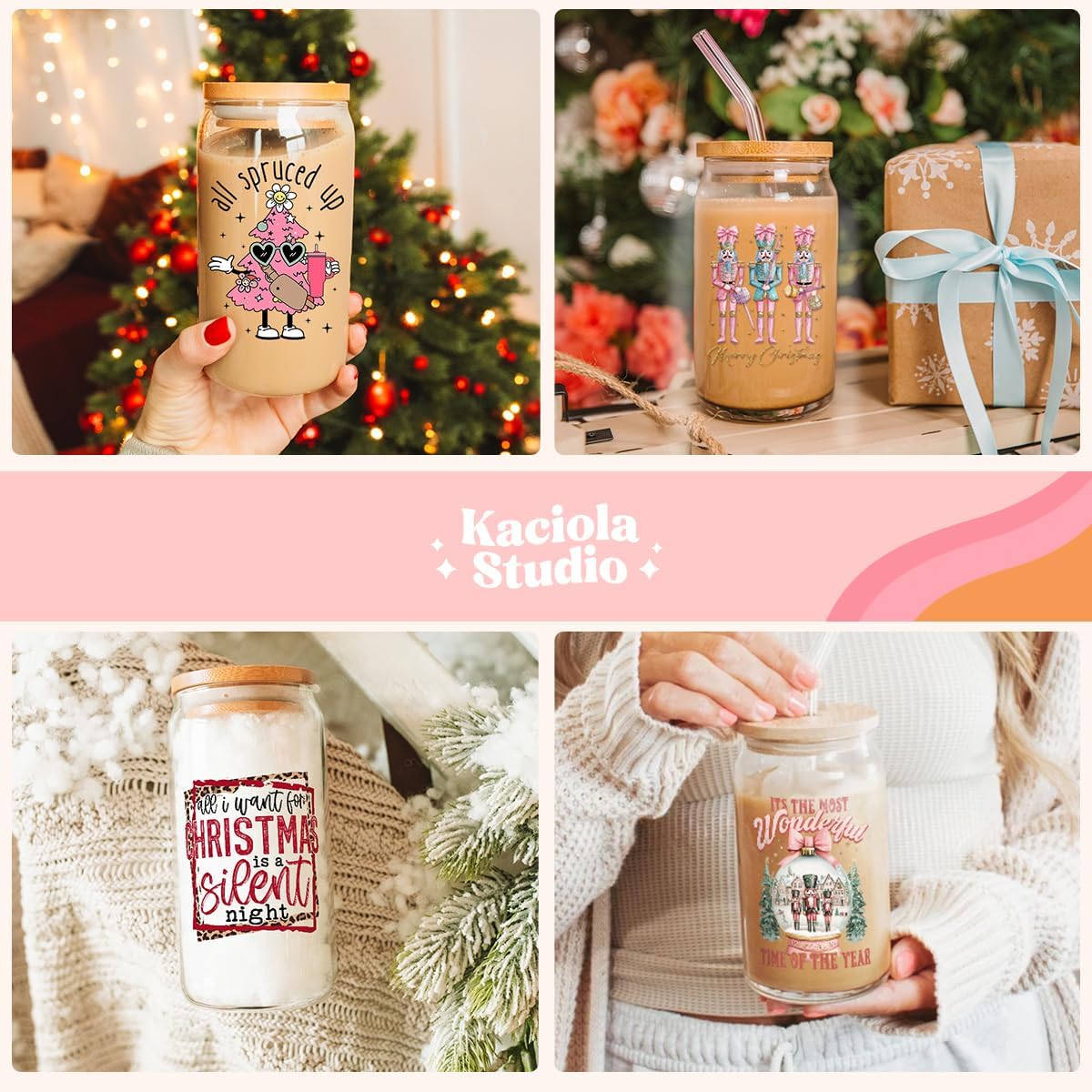 20枚 クリスマス UV DTF カップラップ 16オンス用 - スカルクリスマステーマステッカー ガラスマグ コーヒー用 ボウ U