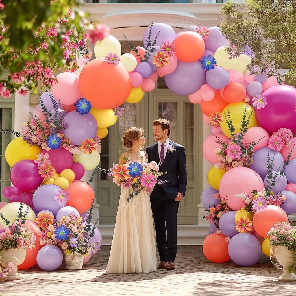 Hot Pink Purple Balloon Arch Double Stuffed Balloons with Artificial Flowers Eucalyptus Leaves Pastel Yellow Peach Magenta Latex Garland for Wildflower Birthday Baby Shower Wedding Floral Party Decor