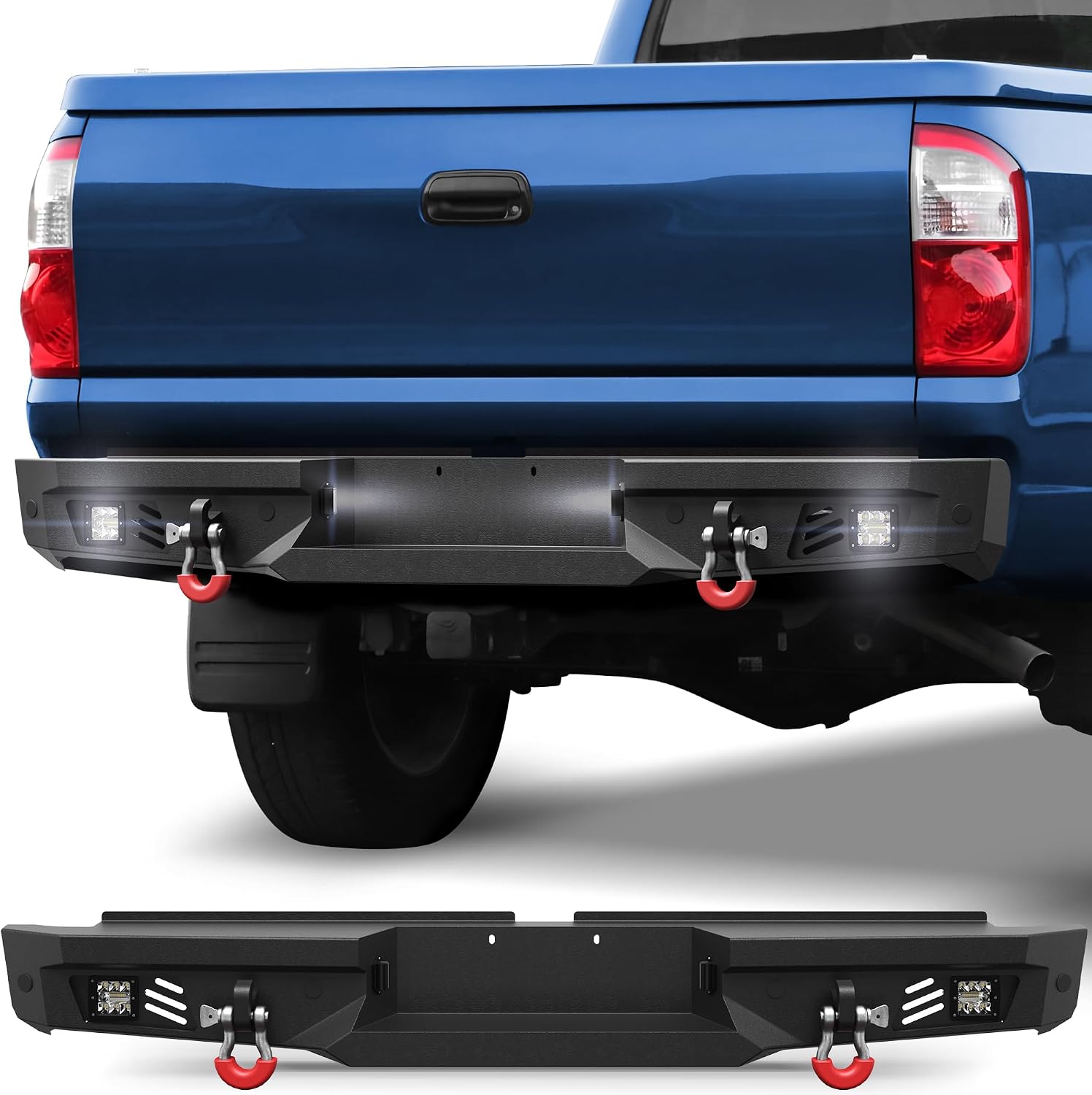 00-06 Tundra Rear Bumper Full Width Offroad Bumper w/Step Plate, 2x18w Lights, D-rings, License Plate Lights for 2000-2006 Tundra Pickup Trucks