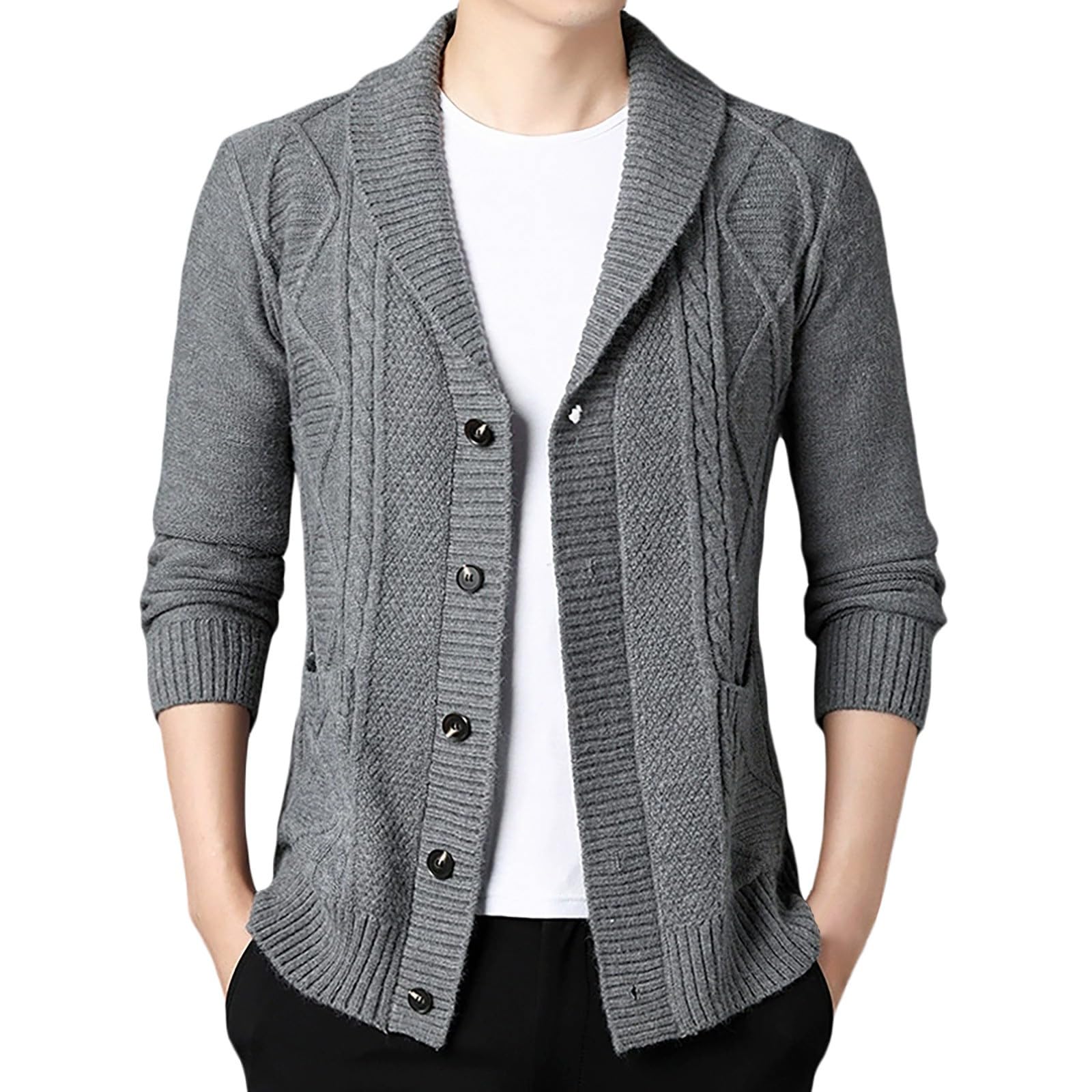 Cardigan Hombre Punto, Chaqueta Lana Hombre con Cuello En V Manga Larga Suéter De Punto con Botones Elegante Ajustado Cárdigan Ligero con Bolsillos para La Moda Diaria Y Comodidad