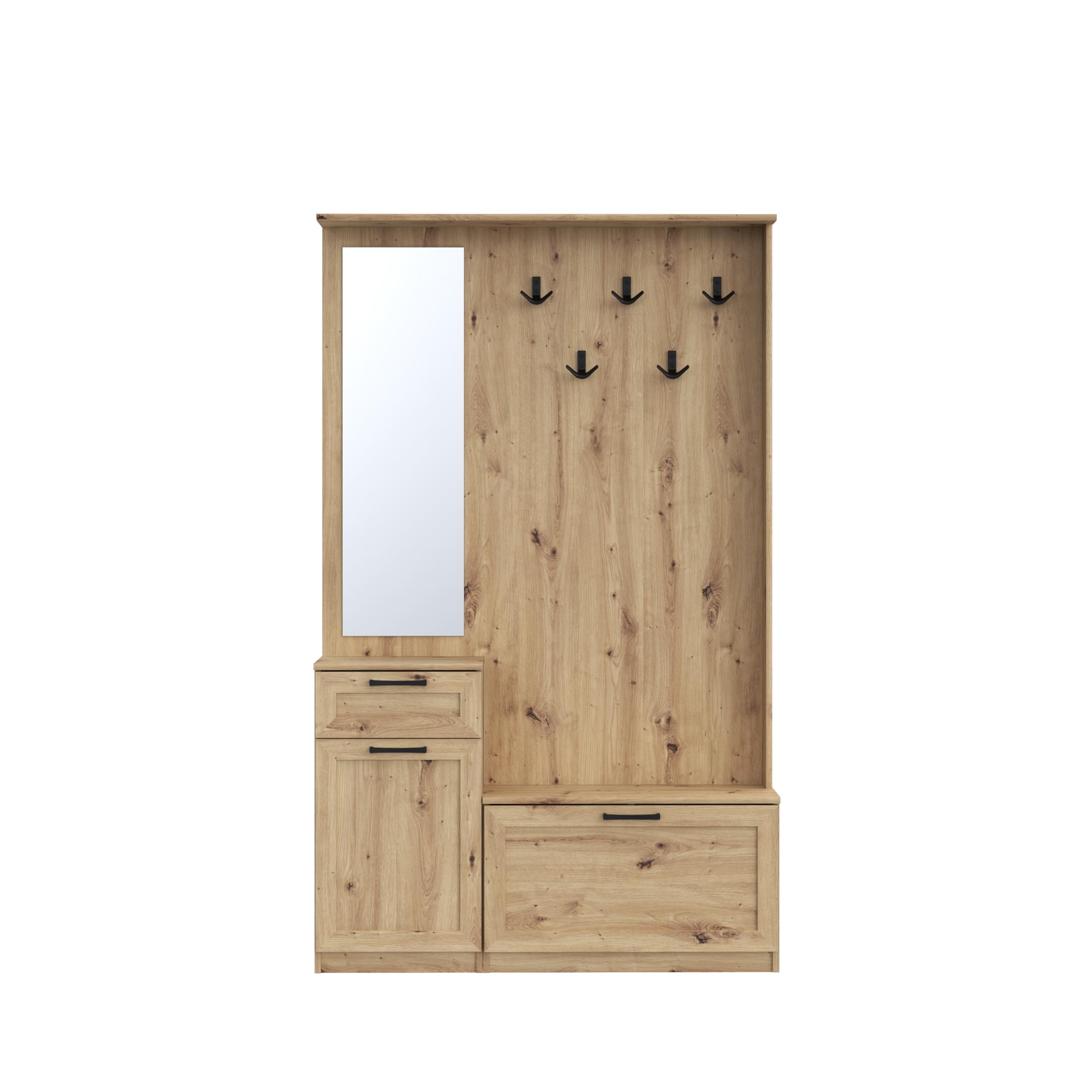 Forte NIKO Garderobe 110, Skandi-Garderobenpaneel, 1-türig, 2 Schubladen, Spiegel, Haken, Flur, Artisan Eiche Holzdekor, 110,9 cm breit x 181,5 cm hoch x 29,6 cm tief