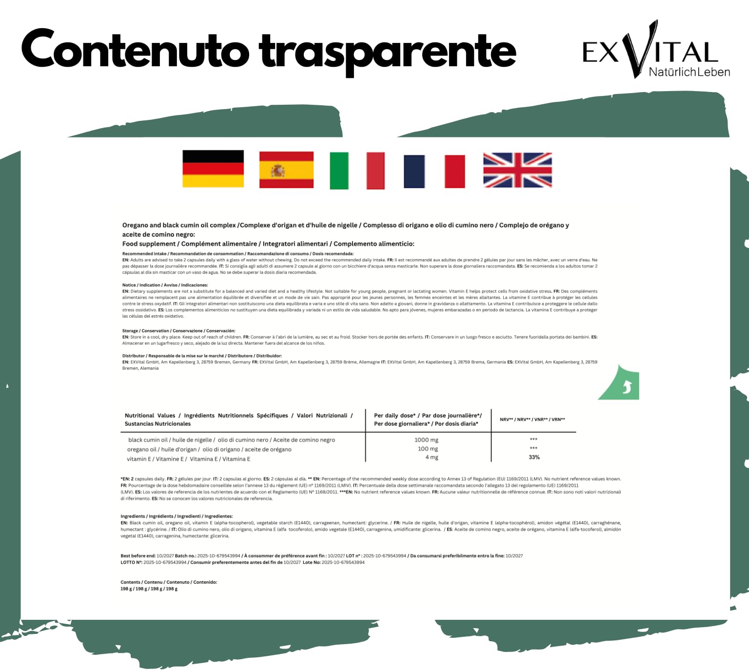 EXVital® Complesso di olio di origano e cumino nero, 180 capsule vegane, 100 mg di olio di origano e 1000 mg di olio di cumino nero al giorno, 80% di carvacrolo, altamente dosato e senza additivi