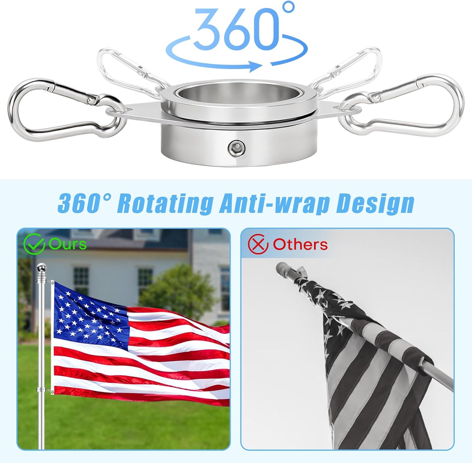 2" Large Flag Pole Rings, 2 Pcs Aluminum Alloy Spinning Flag Pole Ring Clips Swivels, 360° Rotating Anti Wrap Flagpole Ring Hardware with Stainless Steel Carabiners for 1.6-2" Diameter
