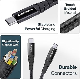 Ambrane Unbreakable 60w / 3a Fast Charging 1.5m Braided Type C to Type C Cable for Smartphones, Tablets, Laptops & Other Type C Devices, Pd Technology, 480mbps Data Sync (Rctt15, Black)