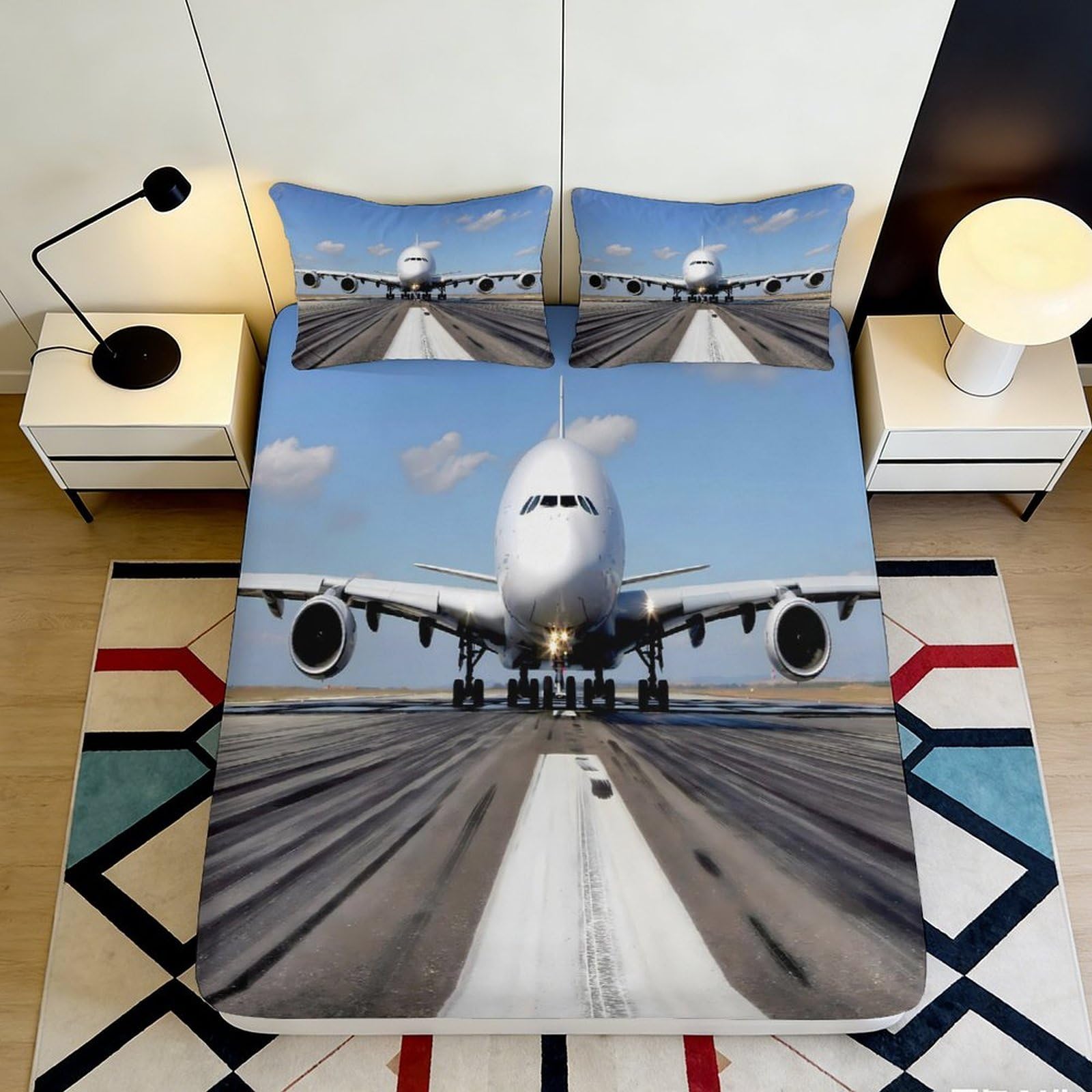 3D Printed Airplane Fitted Sheet Microfiber Soft Durable Runway Bed Cover for Bedroom Dormitory Guest Room Mattress Protection Home Decor 120x200x25cm