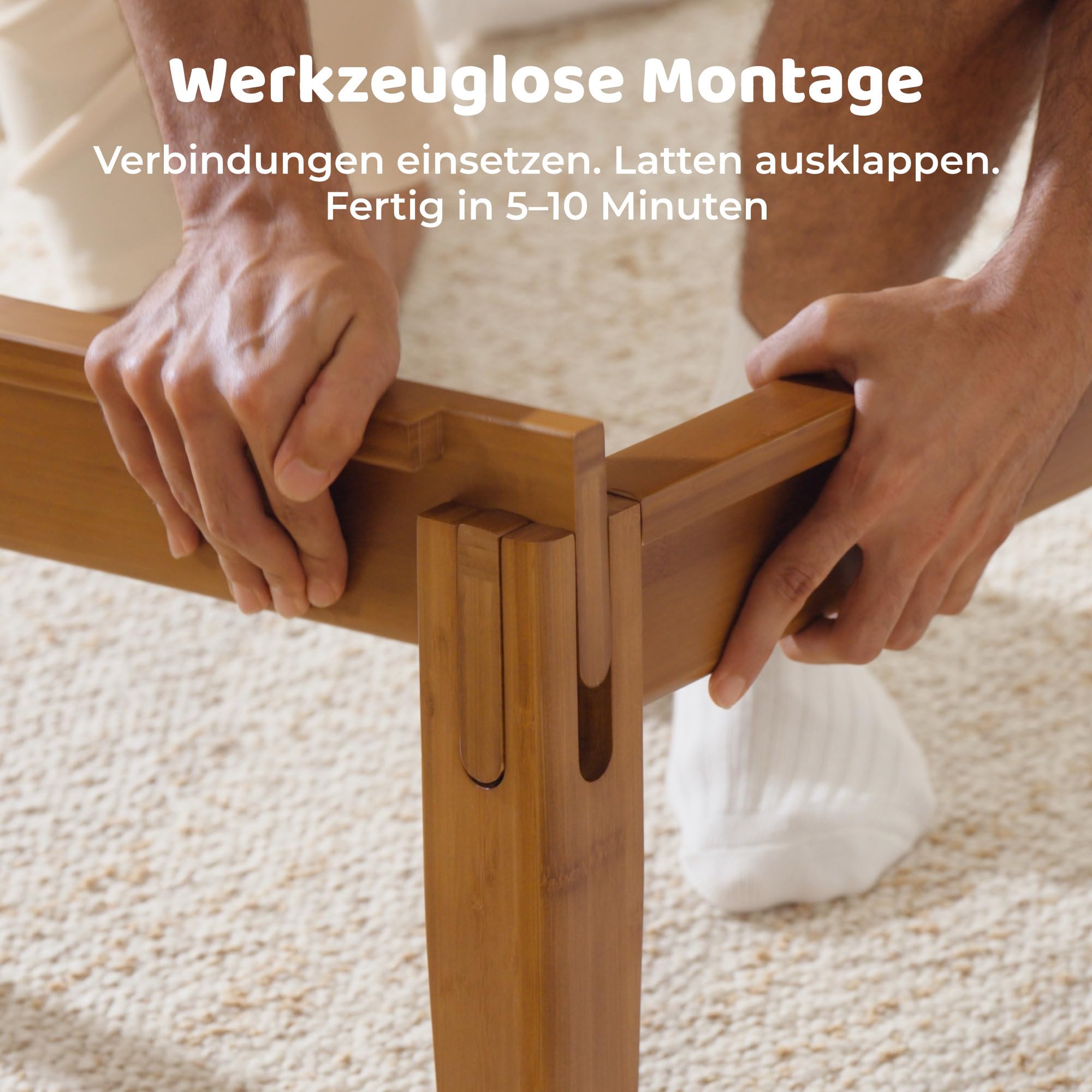 RECCI Bettgestell 140x200 aus massivem Bambus, Massivholzbett mit Steckverbindung, Modernes minimalistisches Bett, Geräuschlos, Werkzeuglose Montage, Bambus Natur