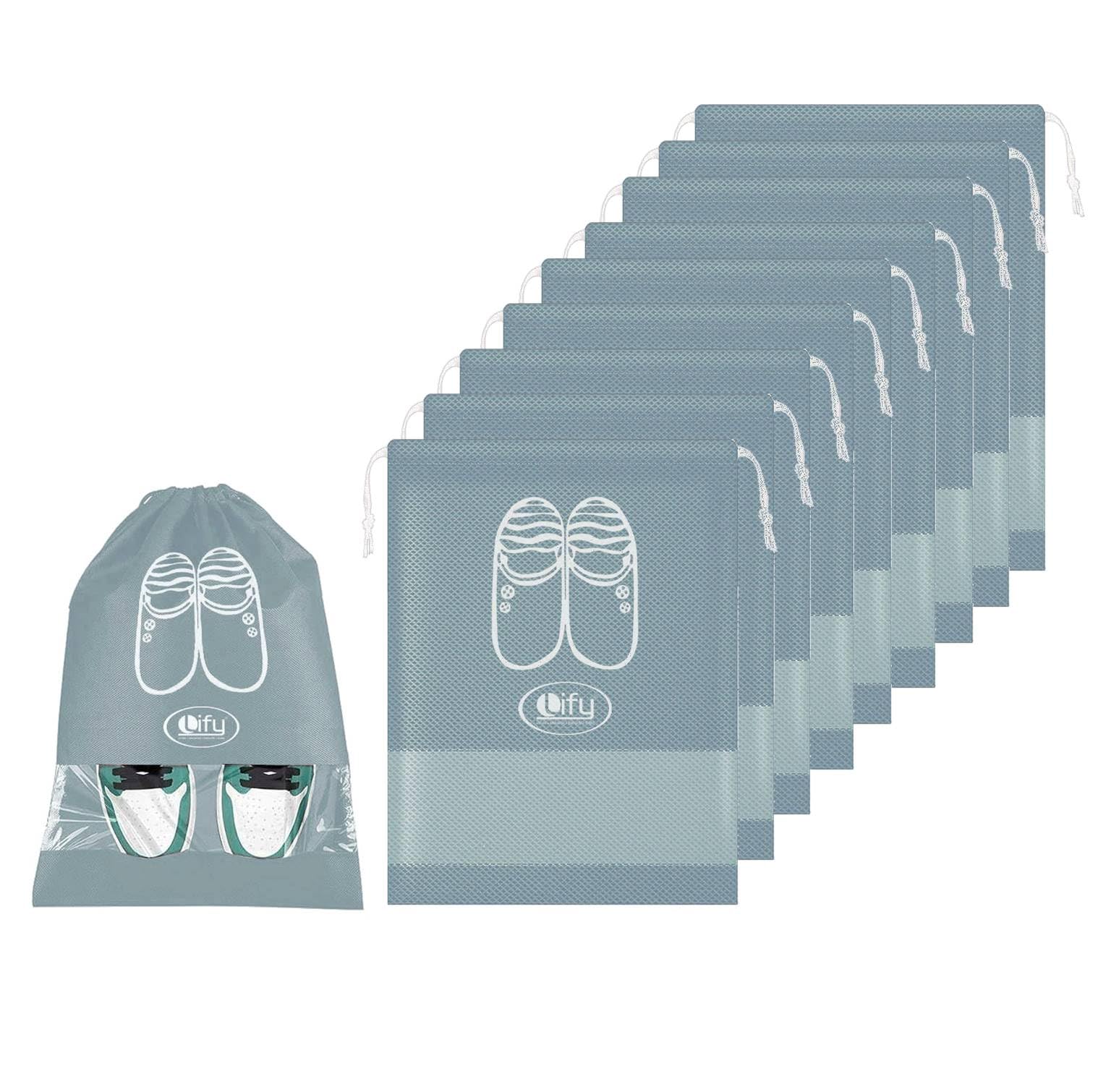 Travel Shoe Organizer Bags for Boots, High Heel, Drawstring, Transparent Window, Space Saving Storage Bags 10 Pcs Pack (Light Grey 10Pcs, 16 X 12'' Inches)