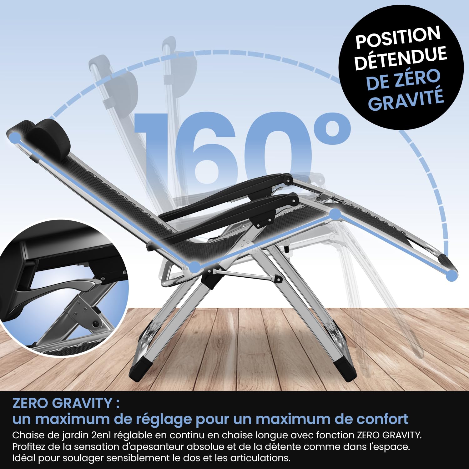 ELONEO Chaise longue pliante avec coussin premium, transat de jardin résistant aux intempéries, capacité de charge 200 kg, fauteuil de jardin avec dossier réglable, coussin appui-tête et porte-gobelet