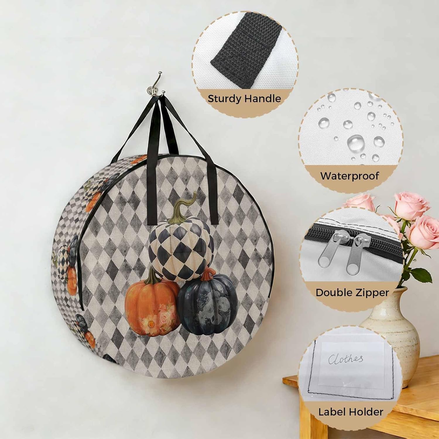Fall Thanksgiving Round Storage Bag 36 Inch, Pumpkin with Floral Black White Diamond Plaid Clothes Storage Container with Handles Heavy Duty Organizer for Comforter, Bedding & Holiday Wreaths