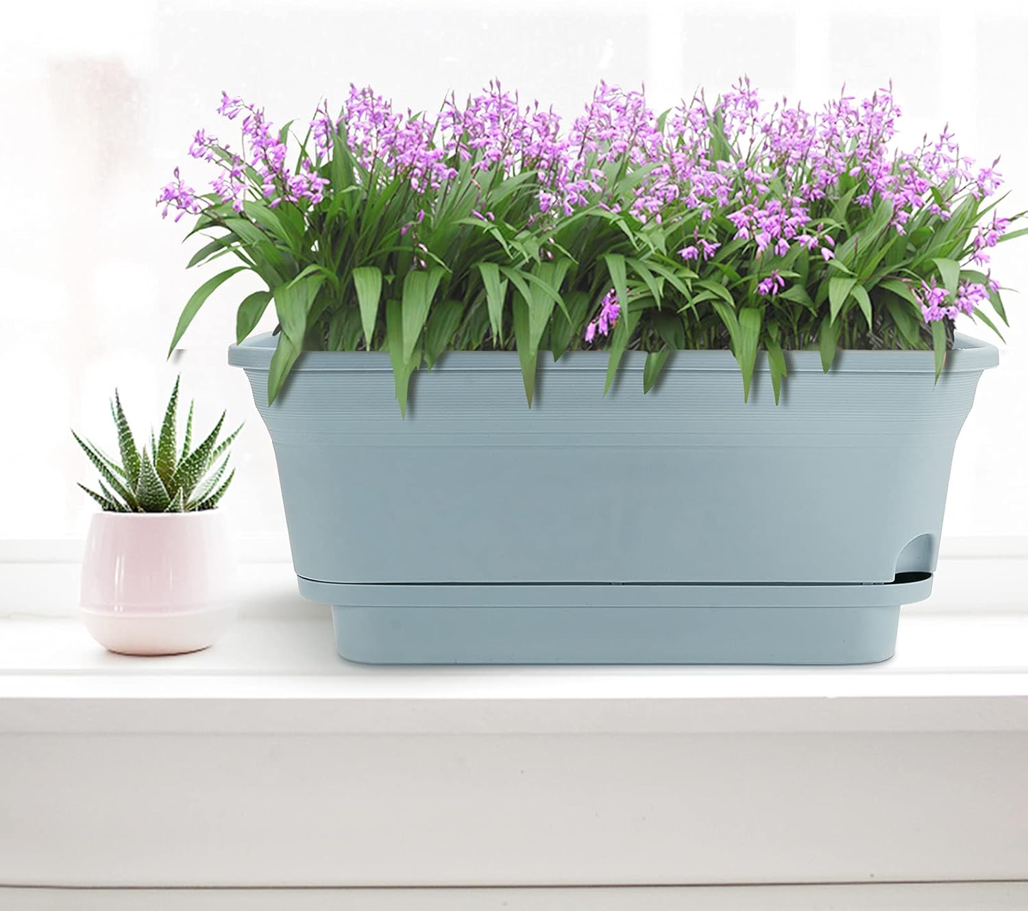 Set of 4 Flower Window Box Plastic Vegetable Planters with Trays, 15" Rectangle Self Watering Flowerpot, Garden Plant Decorative Pots for Windowsill, Indoor Outdoor, Succulents, Blue