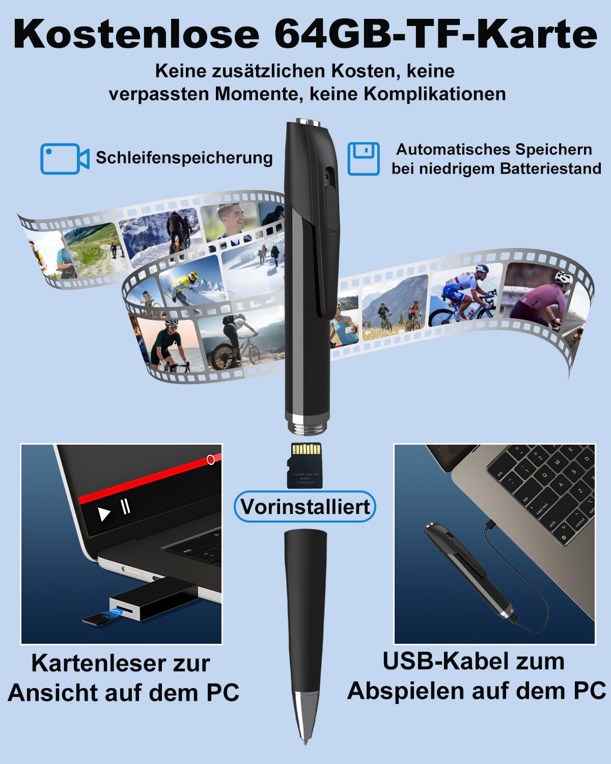 Mini Kamera, 1080P Full HD Mini Überwachungskamera mit 64GB Speicherkarte, Kugelschreiber Kamera, Video und Foto Shooting, Loop Speicher, StiftKamera, Kleine Überwachungskamera für Indoor/Outdoor