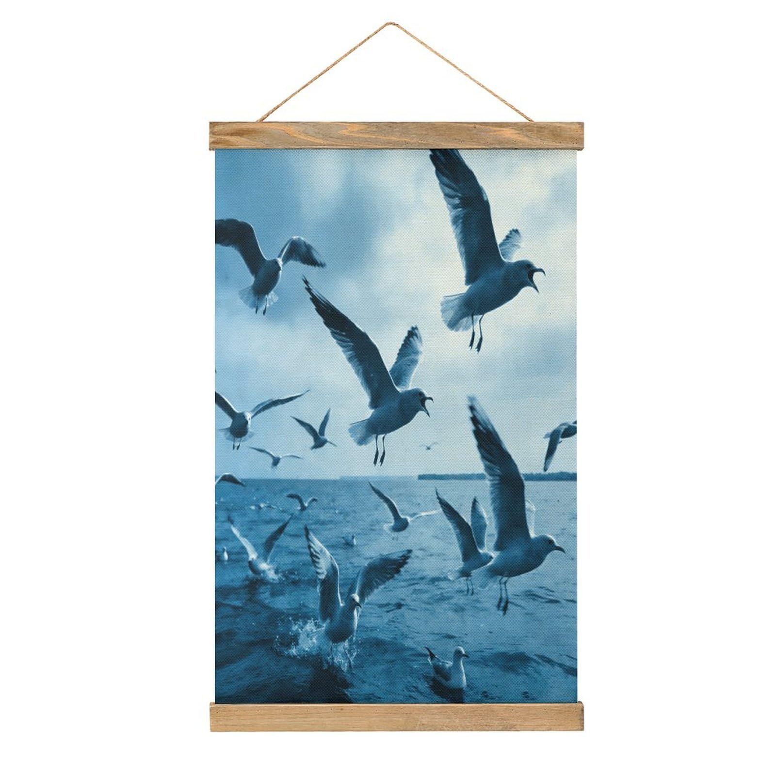Flocks of Seagulls Follow The Wind. Hanging Poster with Wooden Frame Modern Linen Hanging Painting Retro Style Wall Decor Art Painting for Living Room,Bedroom Decor Poster Frame 20.4x13.1inch