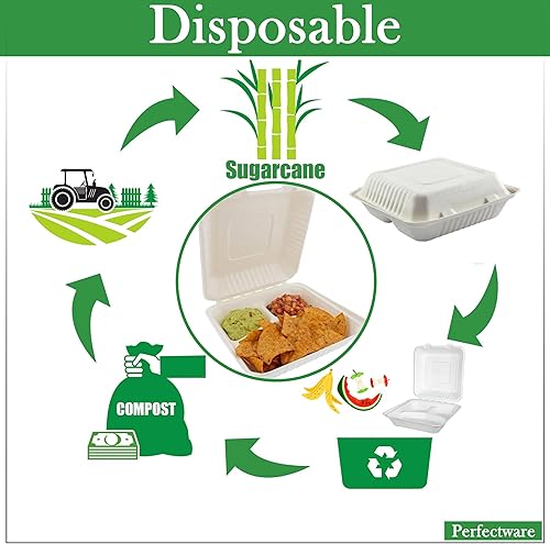 Miniatura 5 de 100% compostable 3 Comp Take Out Contenedores de comida 9x9x 3. 100 contenedores, bagazo desechable natural, biodegradable ecológico hecho de caña