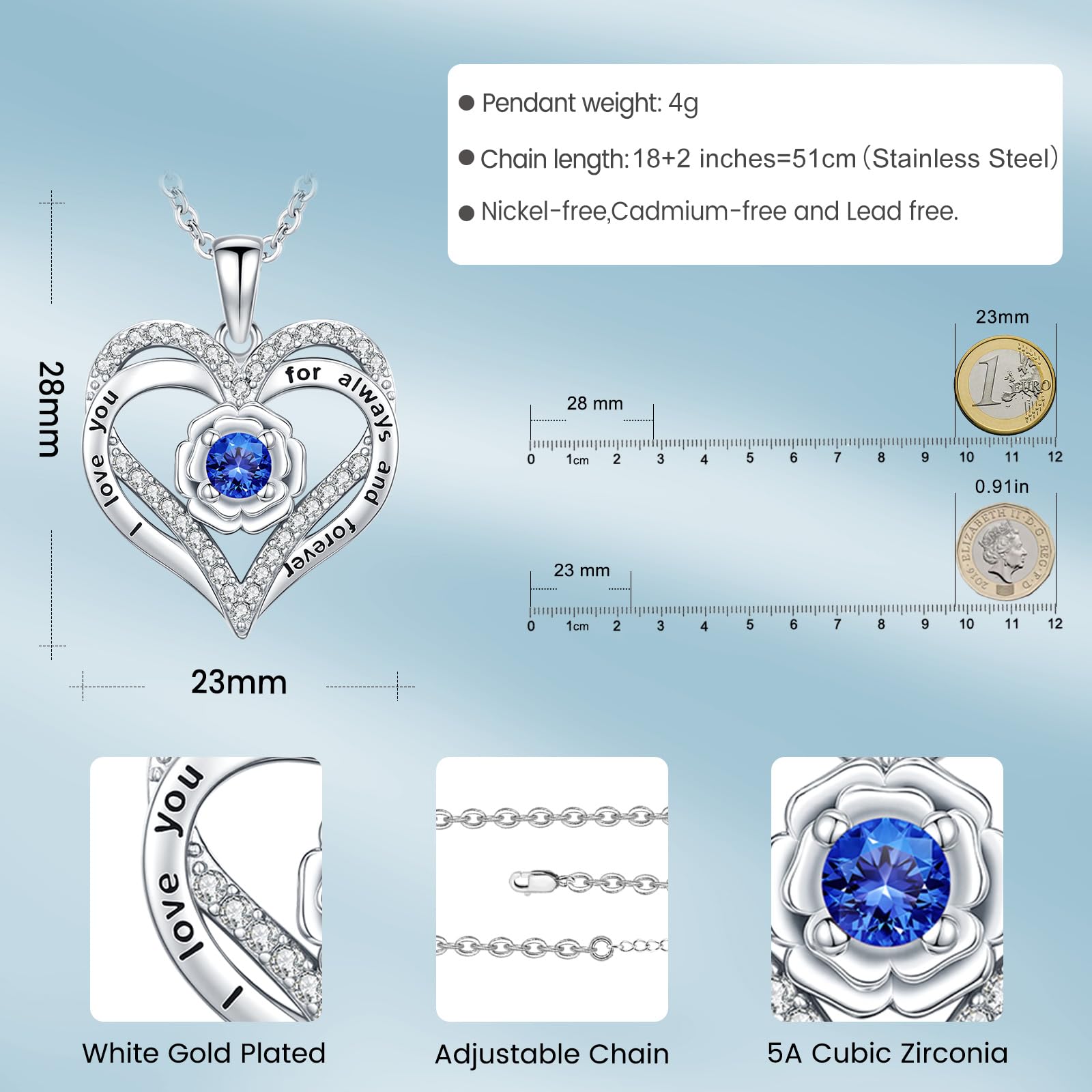 Eusense Collana Cuore Doppio con Pietra Natale e Rosa Ciondolo Cuore Gioiello per Donna Regalo per San Valentino Anniversario o Compleanno