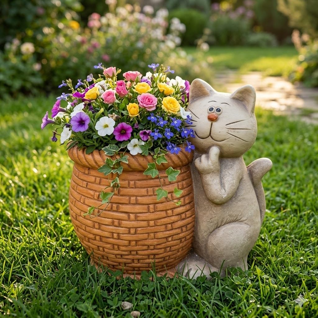 Bloomingtons Direct 12" Cat Garden Planter Pot CAT Flower Pot for Garden Decoration,Cat Statue Plant Barrel Container Holder, Indoor Outdoor Home Office Gardening Decorations Planter