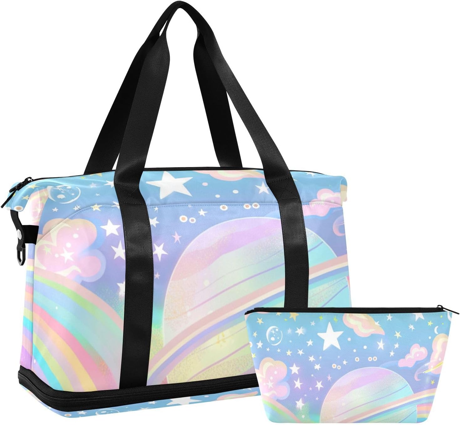Pastel Sky Rainbow Stripes Gym Tote Bag Sport Training Bag with Toiletry Bag for Trekking Large Capacity