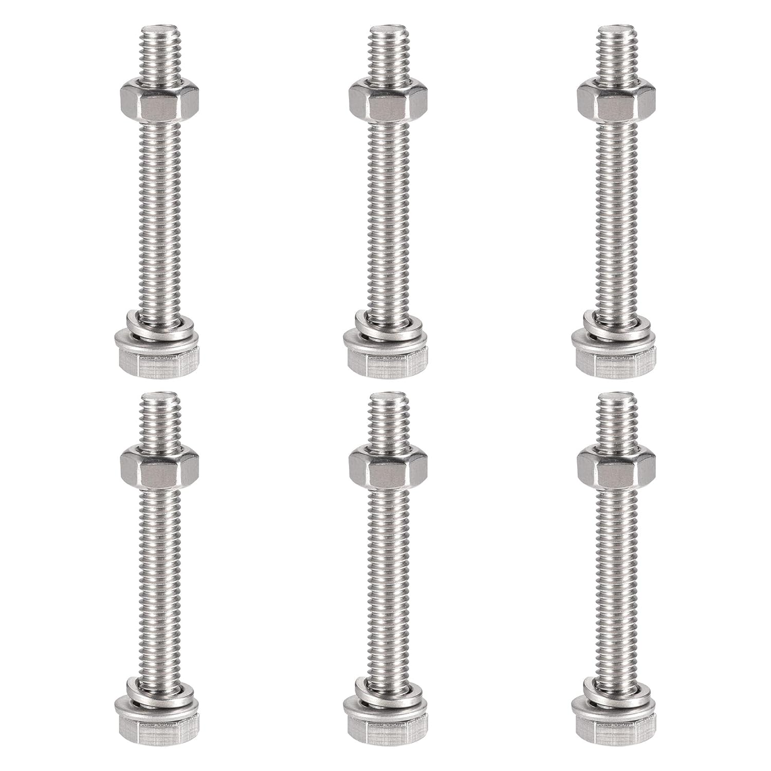 304 Stainless Steel M6 Hex Bolts Kit, 20-45mm, 6 Pcs, Nuts, Flat Washers, Lock Washers, Fully Threaded, Silver(M6 x 45mm)