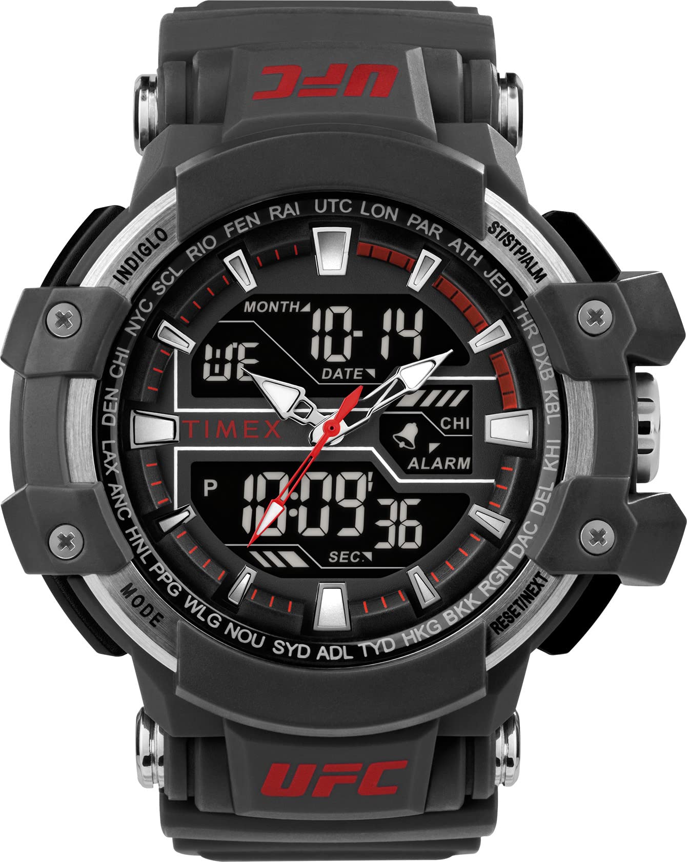 TIMEX Men Resin UFC Strength Collection Quartz Analog Black Dial Coloured Quartz Watch, Round Dial with 53 Mm Case Width - Tw5M519000D, Band Color-Gray (B0BYDBJLLV) Amazon Price History, Amazon Price Tracker