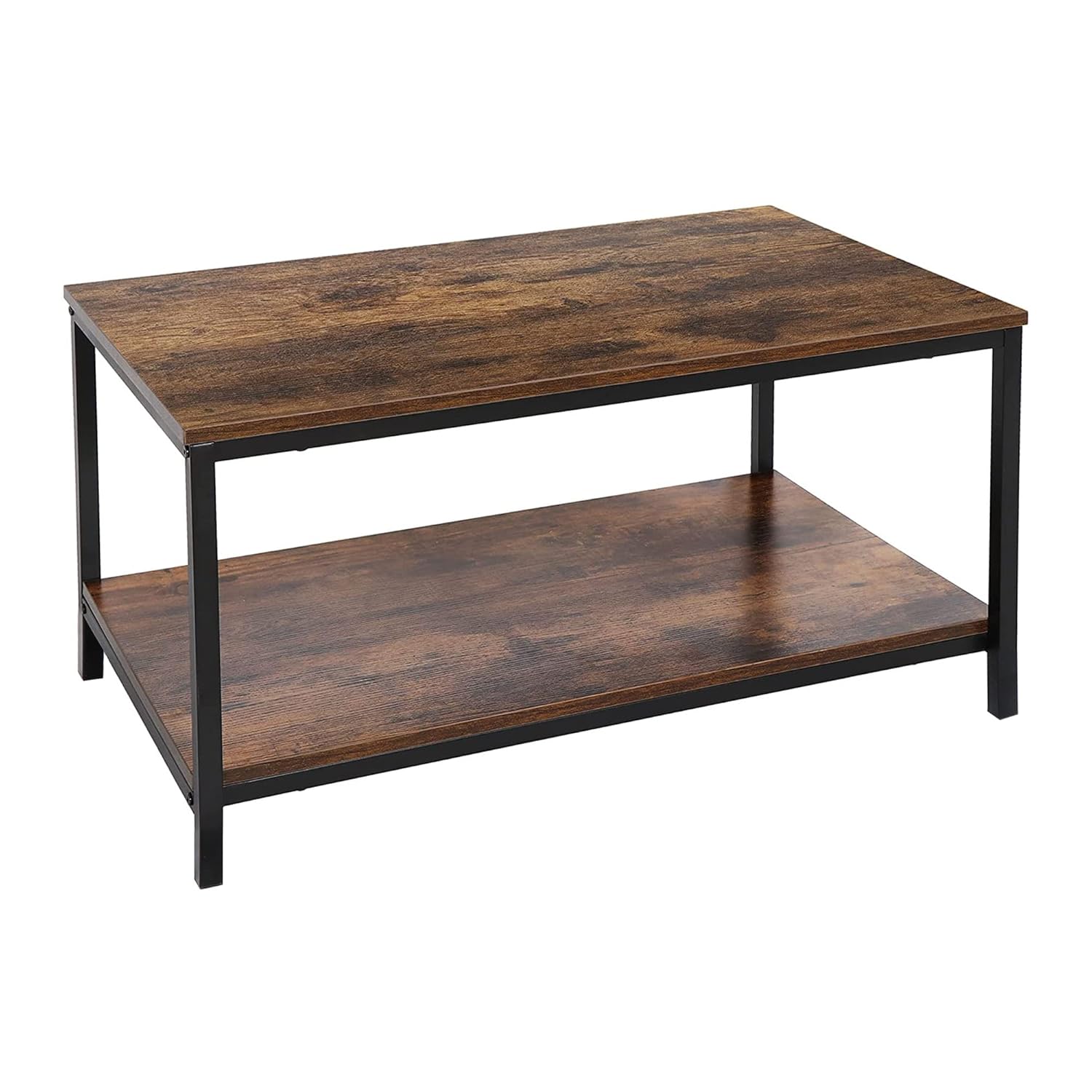 SUPER DEAL 2-Tier Industrial Coffee Table with Storage Shelf for Small Apartment Living Room Rectangle Wood and Stable