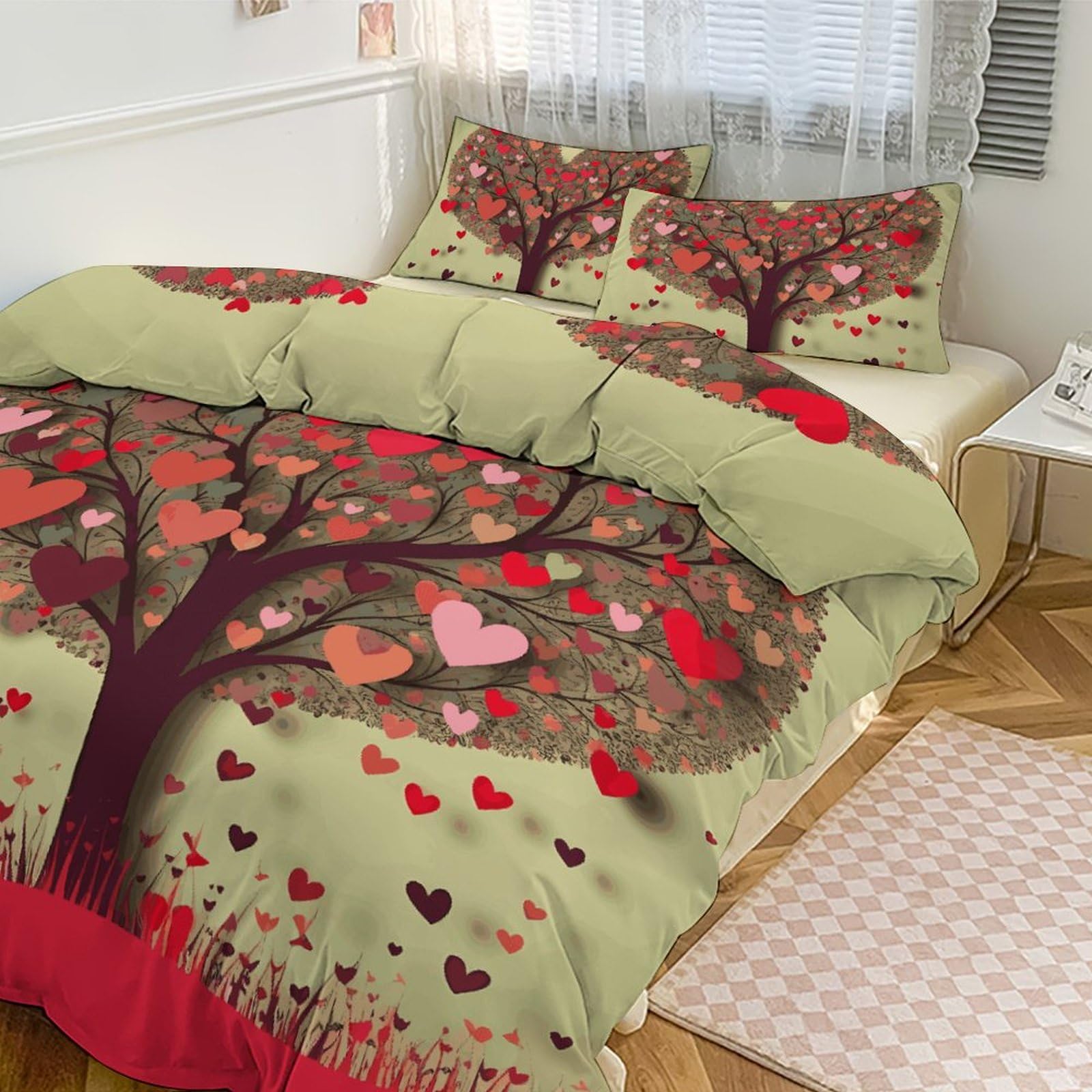 Parure de lit 3 pièces couette pour grand lit motif cœur arbre maison hôtel 259x228 cm