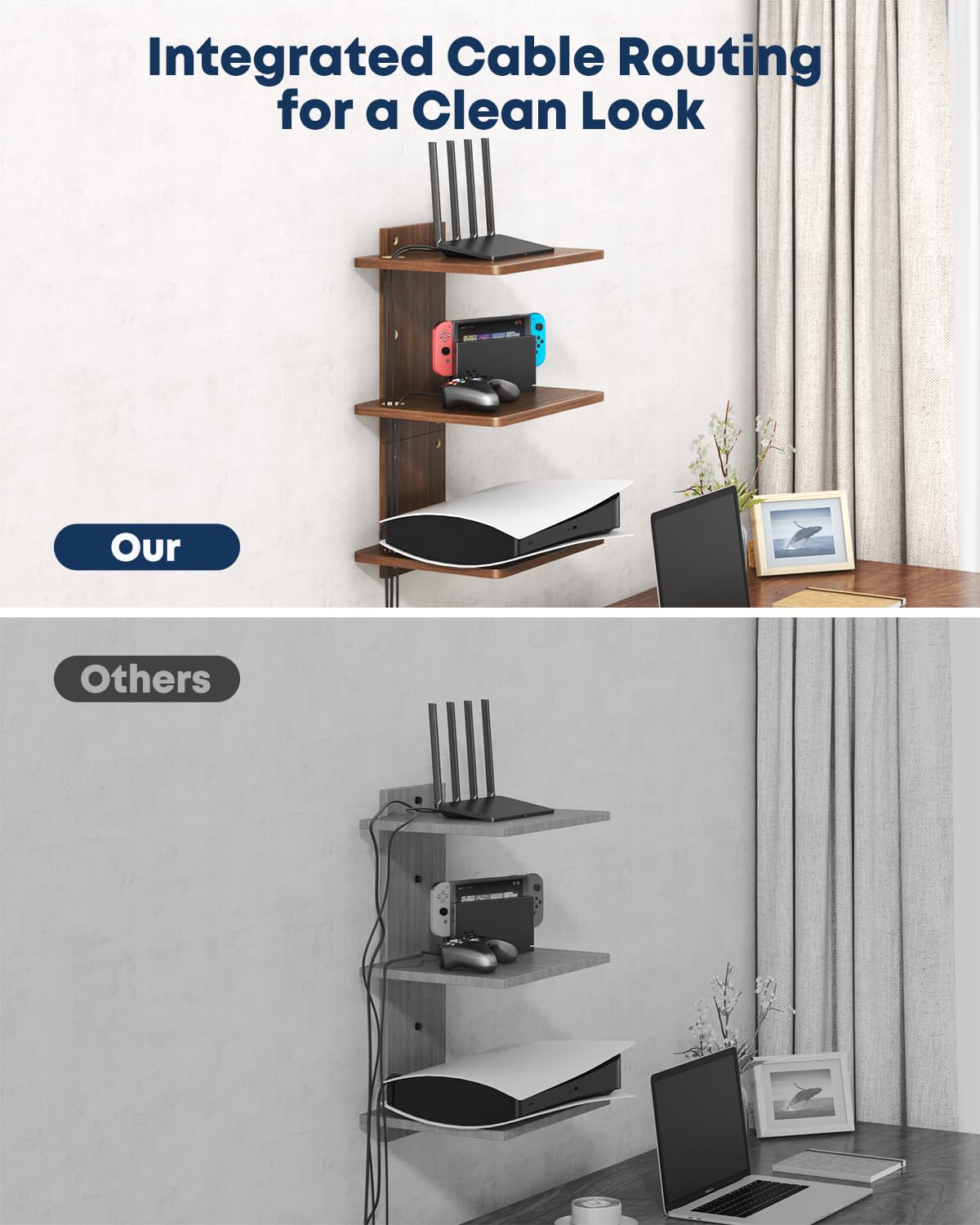 Étagère Murale Flottante 3 Niveaux pour projecteur, Noyer Brun