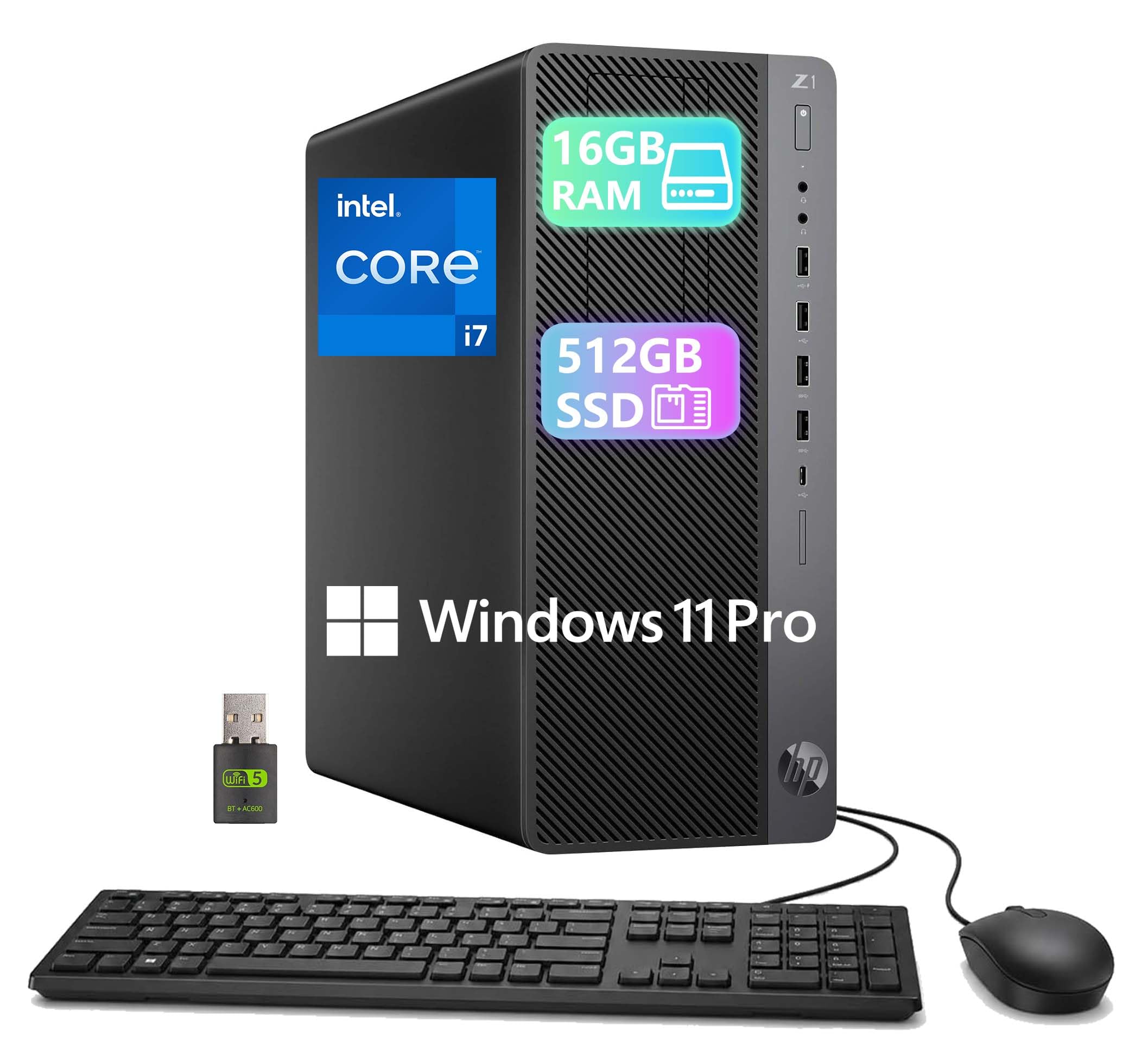 HP Z1 Entry Tower G5 Workstation PC de Bureau Mini-Tour, Intel Core i7-9700T, 16 Go de RAM, SSD de 512 Go, Clavier US QWERTY, WiFi & Bluetooth, Windows 11 Pro (Reconditionné)