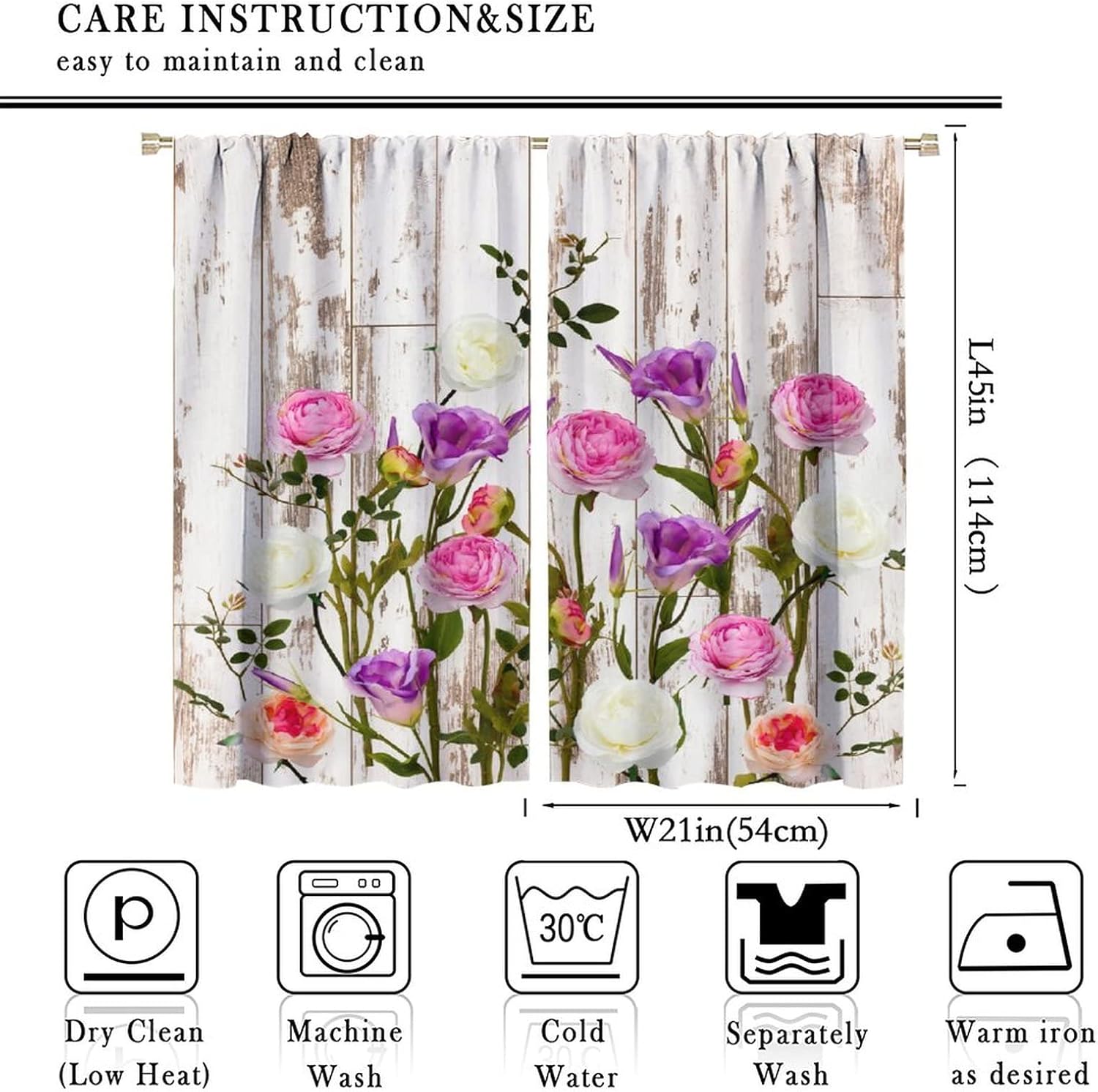 Rustic Farmhouse Pink Floral Kitchen Curtains Purple Flower Spring Plant Country Wooden Pattern Printed Curtains for Bedroom Living Room Café Window Drapes 2 Panels Set,Total Size 42" x 45"