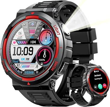 Military Smart Watch for MenAnswer/Make Call, Rugged Smartwatch with LED Flashlight/3ATM Waterproof/400mAh Battery/100+ Sports Modes/Heart Rate/Sleep Monitor, Fitness Tracker for iOS Android